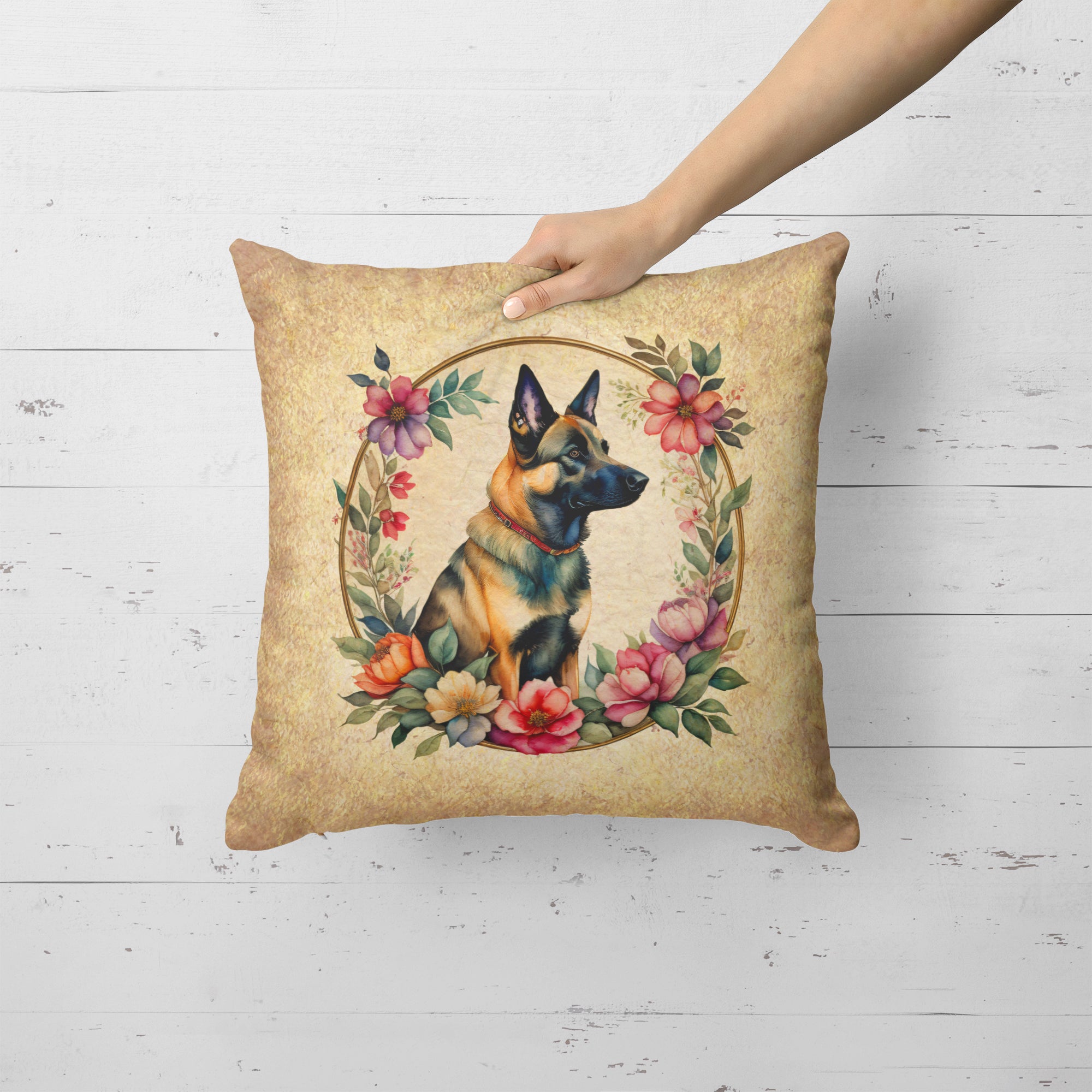 Belgian Malinois and Flowers Fabric Decorative Pillow