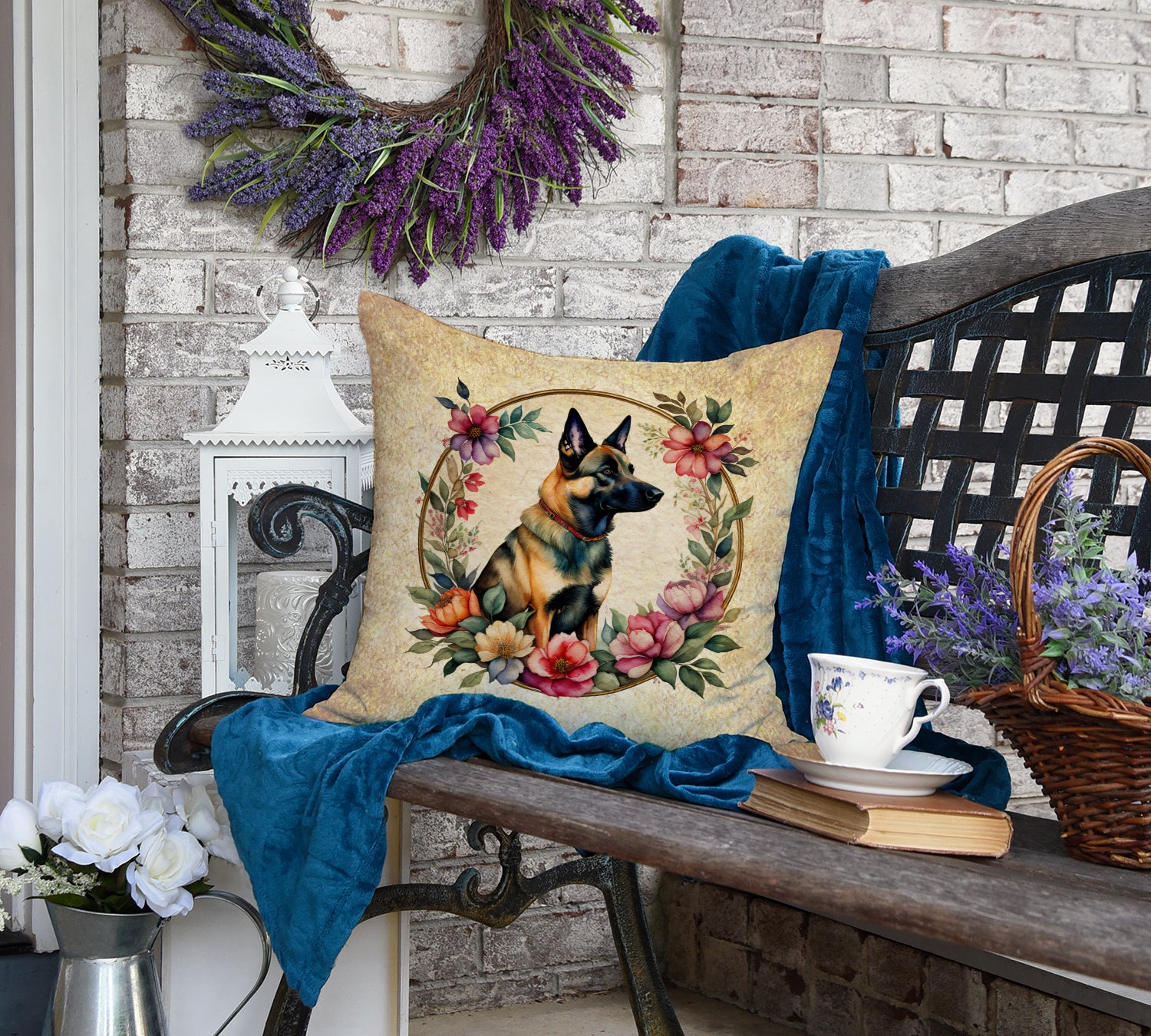 Belgian Malinois and Flowers Fabric Decorative Pillow