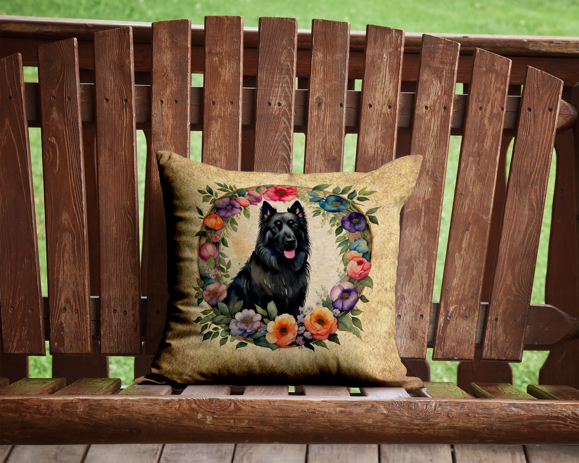 Belgian Sheepdog and Flowers Fabric Decorative Pillow  the-store.com.