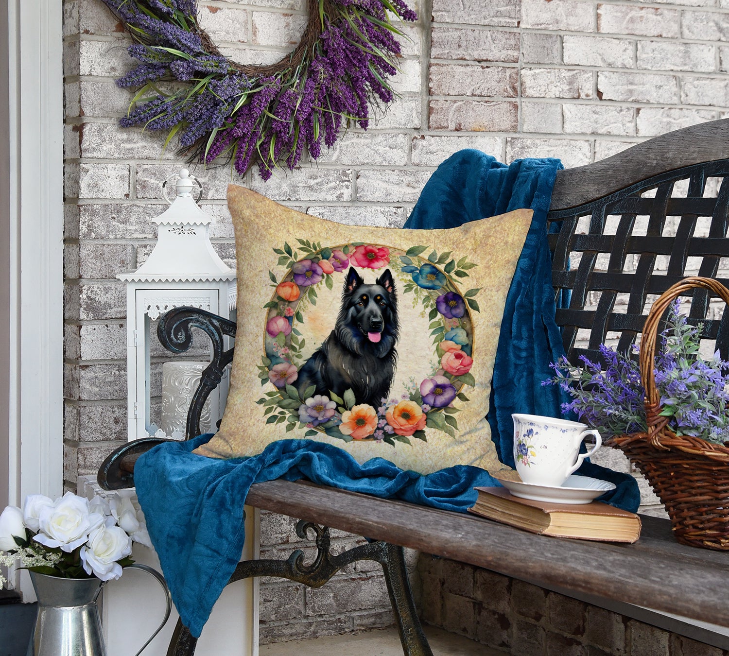 Belgian Sheepdog and Flowers Fabric Decorative Pillow  the-store.com.