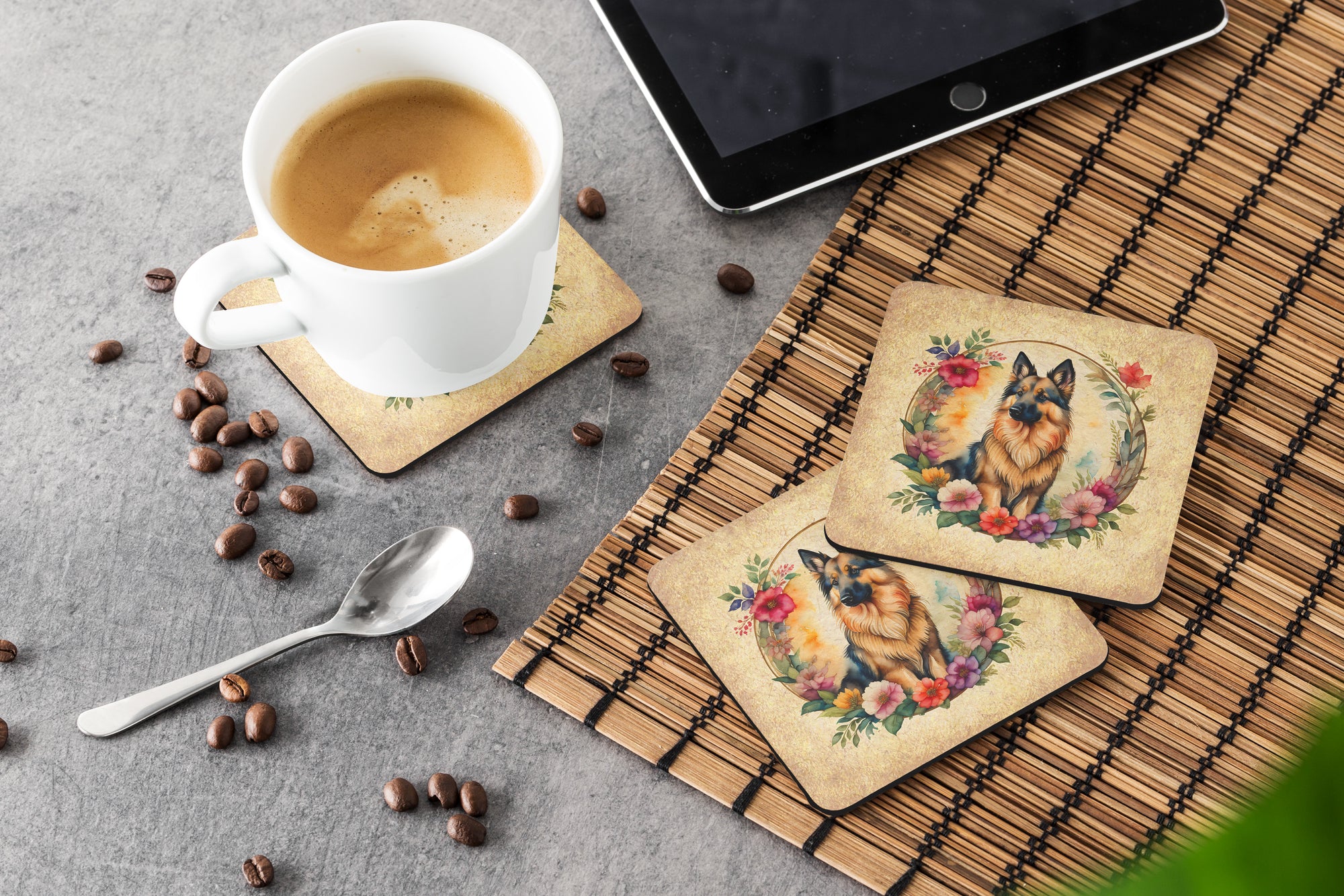 Belgian Tervuren and Flowers Foam Coasters