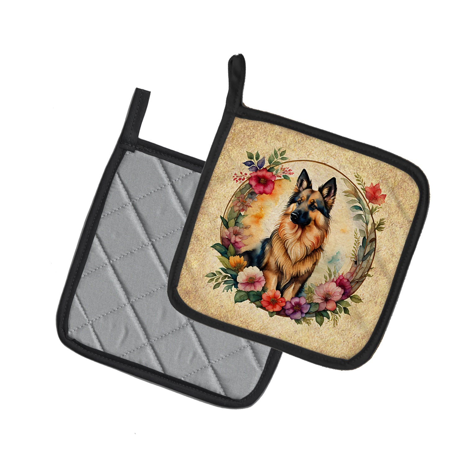 Belgian Tervuren and Flowers Pair of Pot Holders