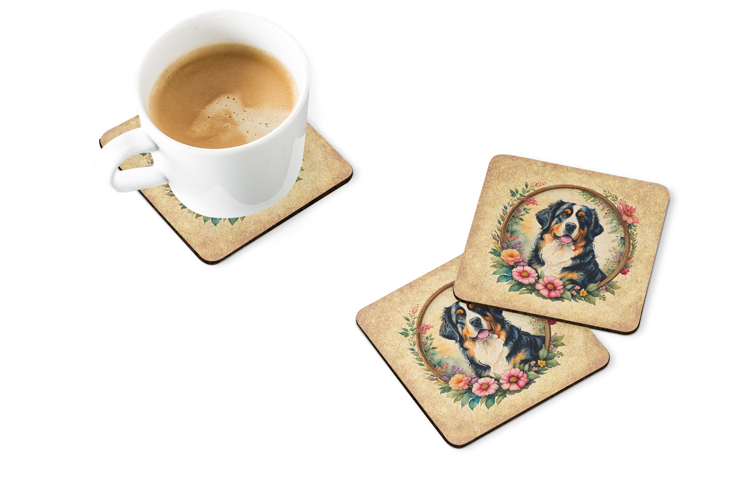 Bernese Mountain Dog and Flowers Foam Coasters  the-store.com.