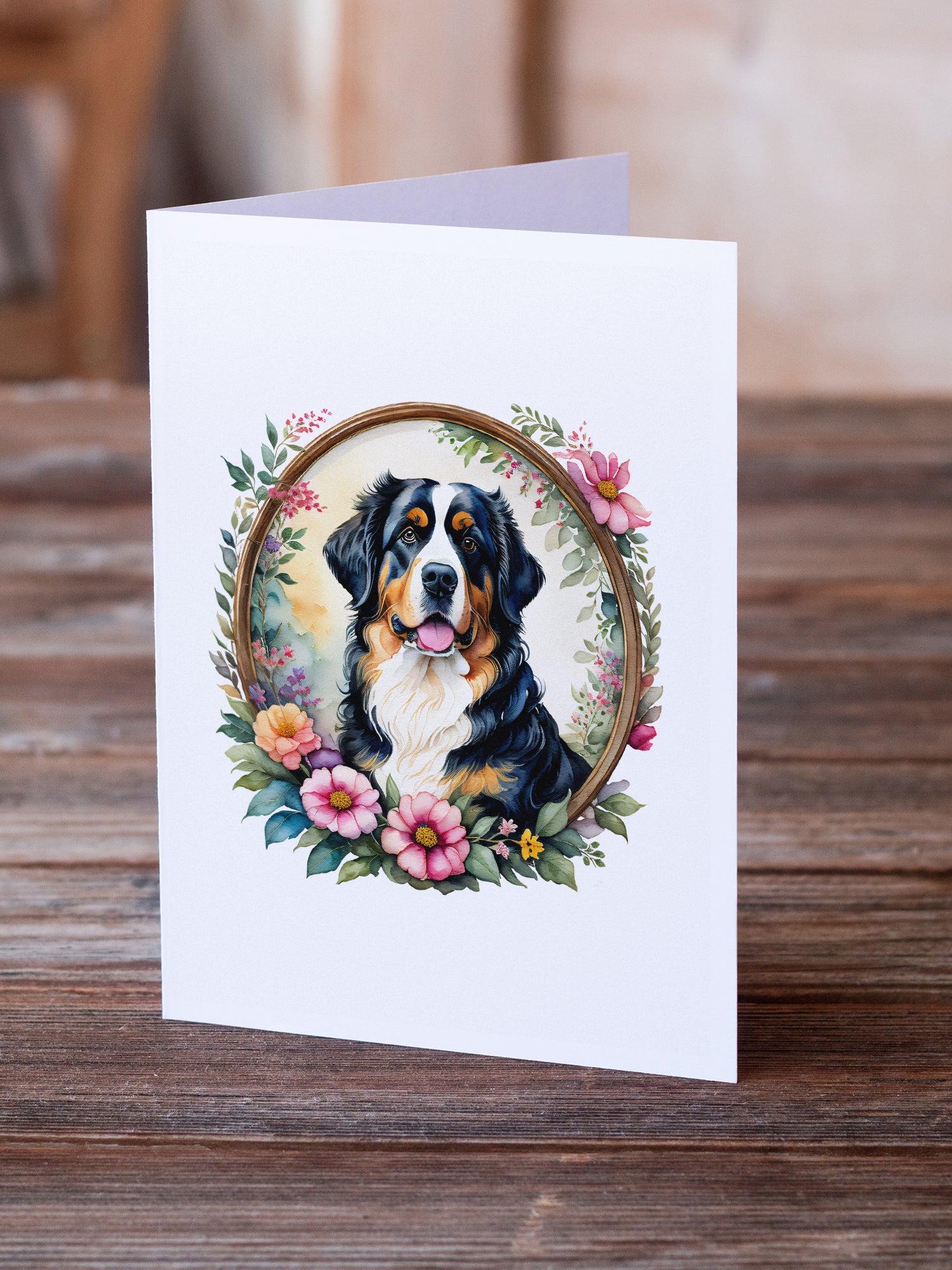 Bernese Mountain Dog and Flowers Greeting Cards and Envelopes Pack of 8  the-store.com.