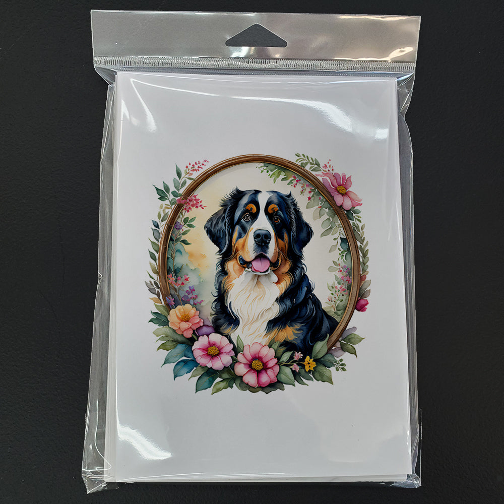 Bernese Mountain Dog and Flowers Greeting Cards and Envelopes Pack of 8