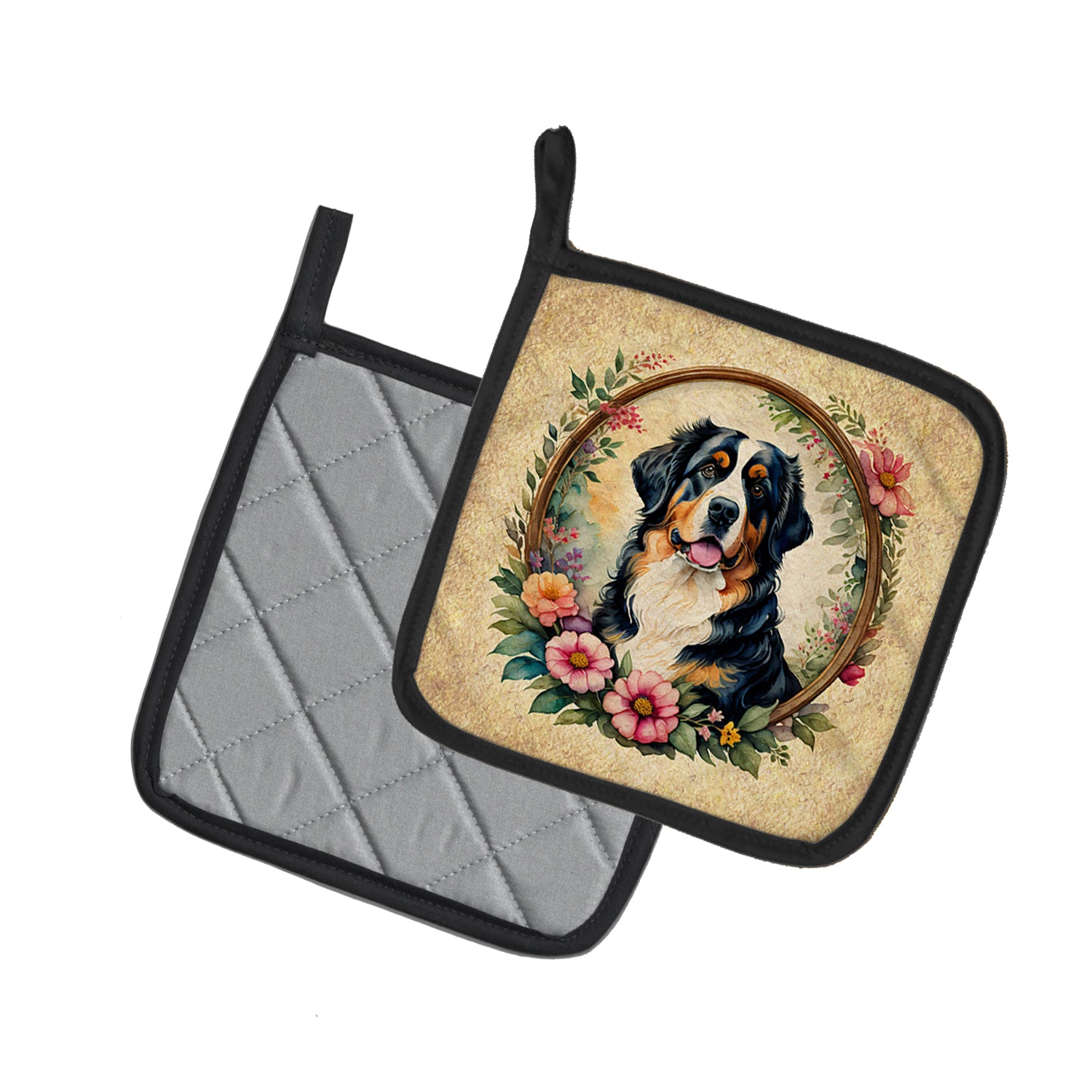 Bernese Mountain Dog and Flowers Pair of Pot Holders  the-store.com.