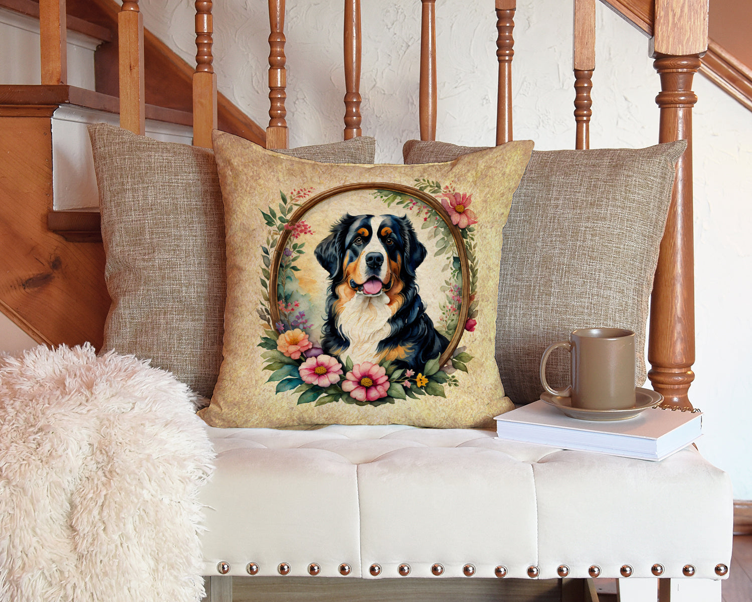 Bernese Mountain Dog and Flowers Fabric Decorative Pillow  the-store.com.