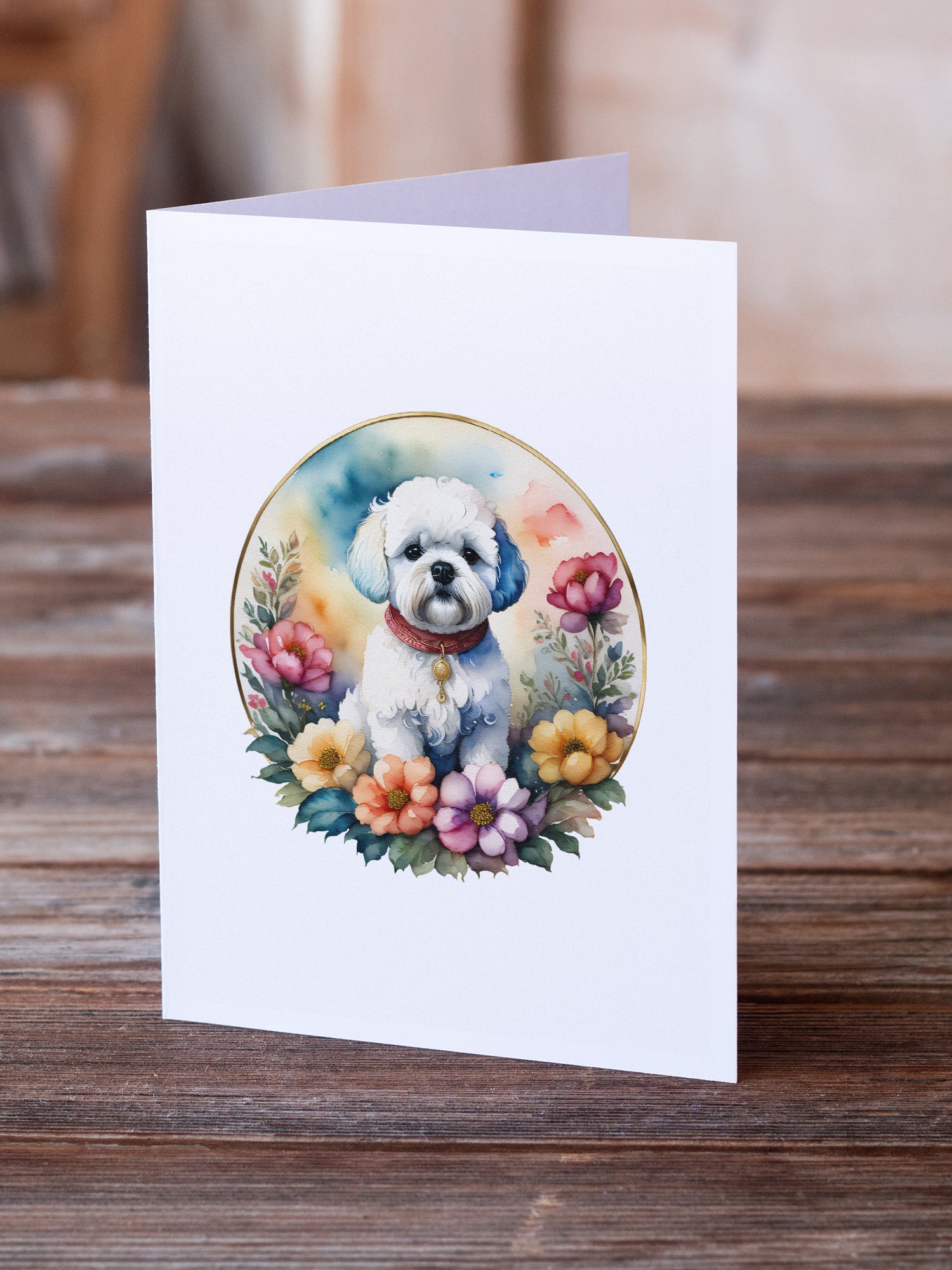 Bichon Frise and Flowers Greeting Cards and Envelopes Pack of 8  the-store.com.