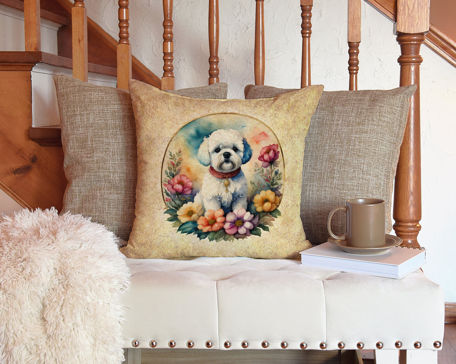 Bichon Frise and Flowers Fabric Decorative Pillow  the-store.com.