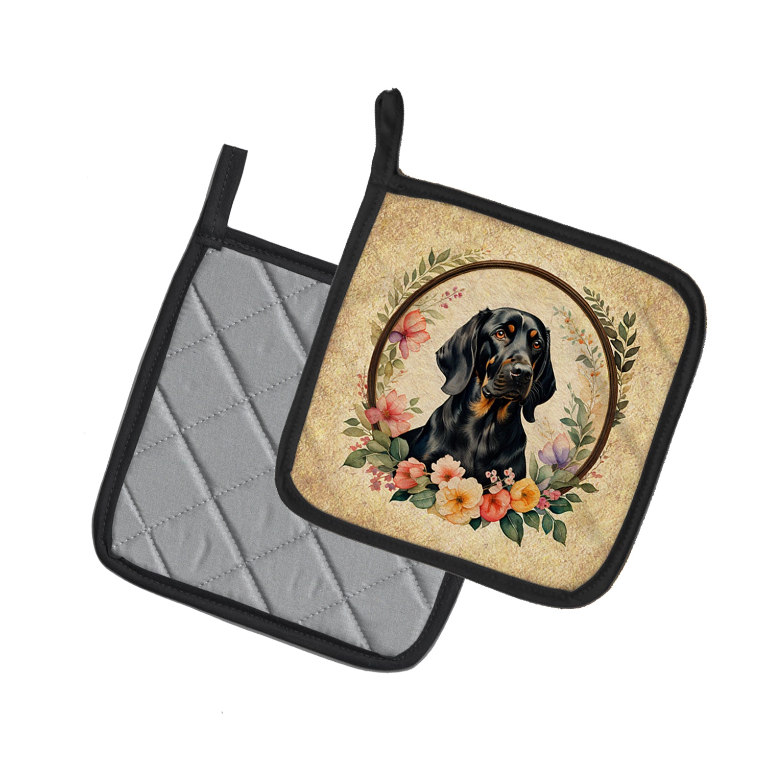 Black and Tan Coonhound and Flowers Pair of Pot Holders  the-store.com.