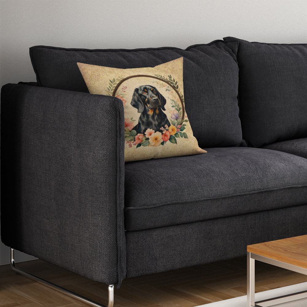 Black and Tan Coonhound and Flowers Fabric Decorative Pillow  the-store.com.