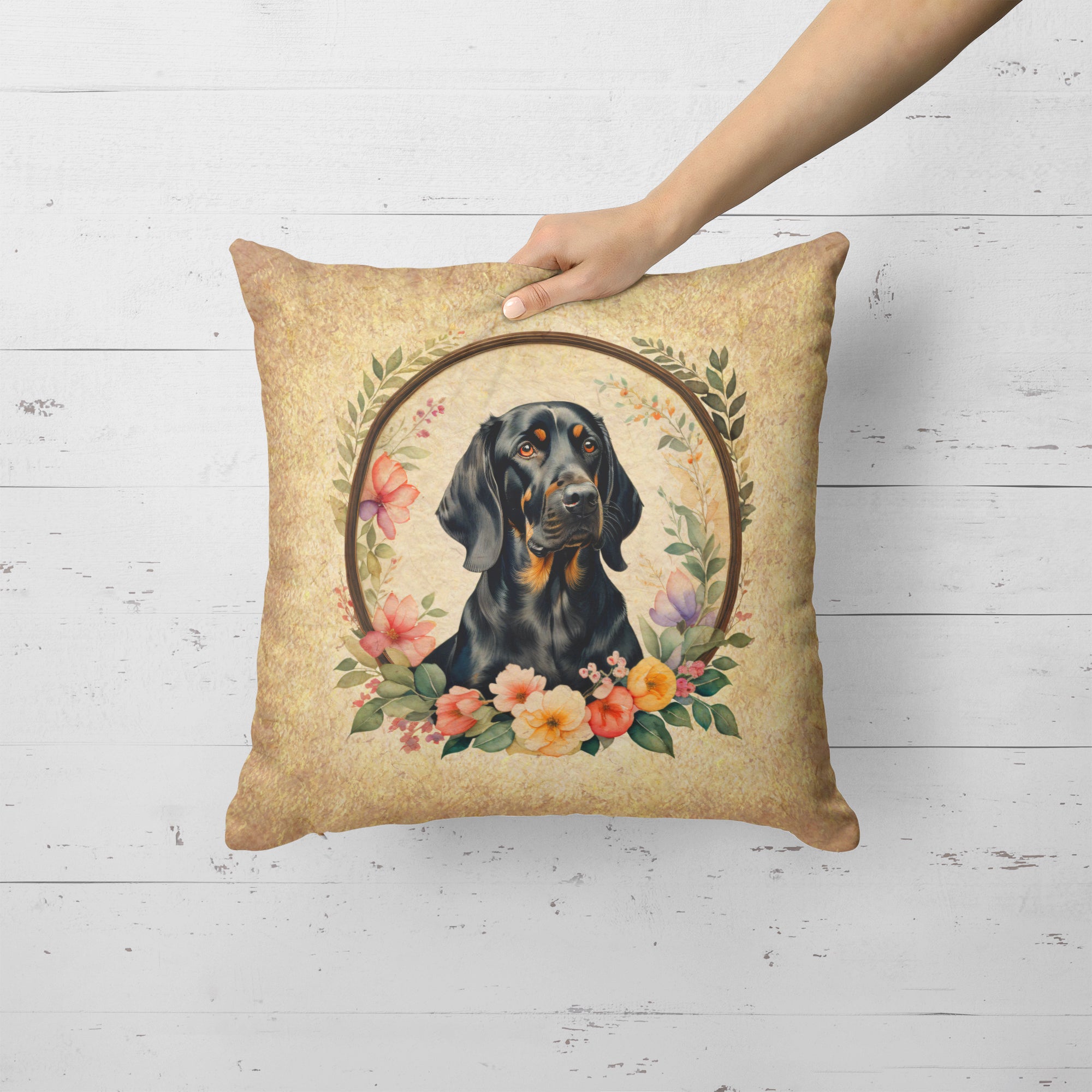 Black and Tan Coonhound and Flowers Fabric Decorative Pillow  the-store.com.