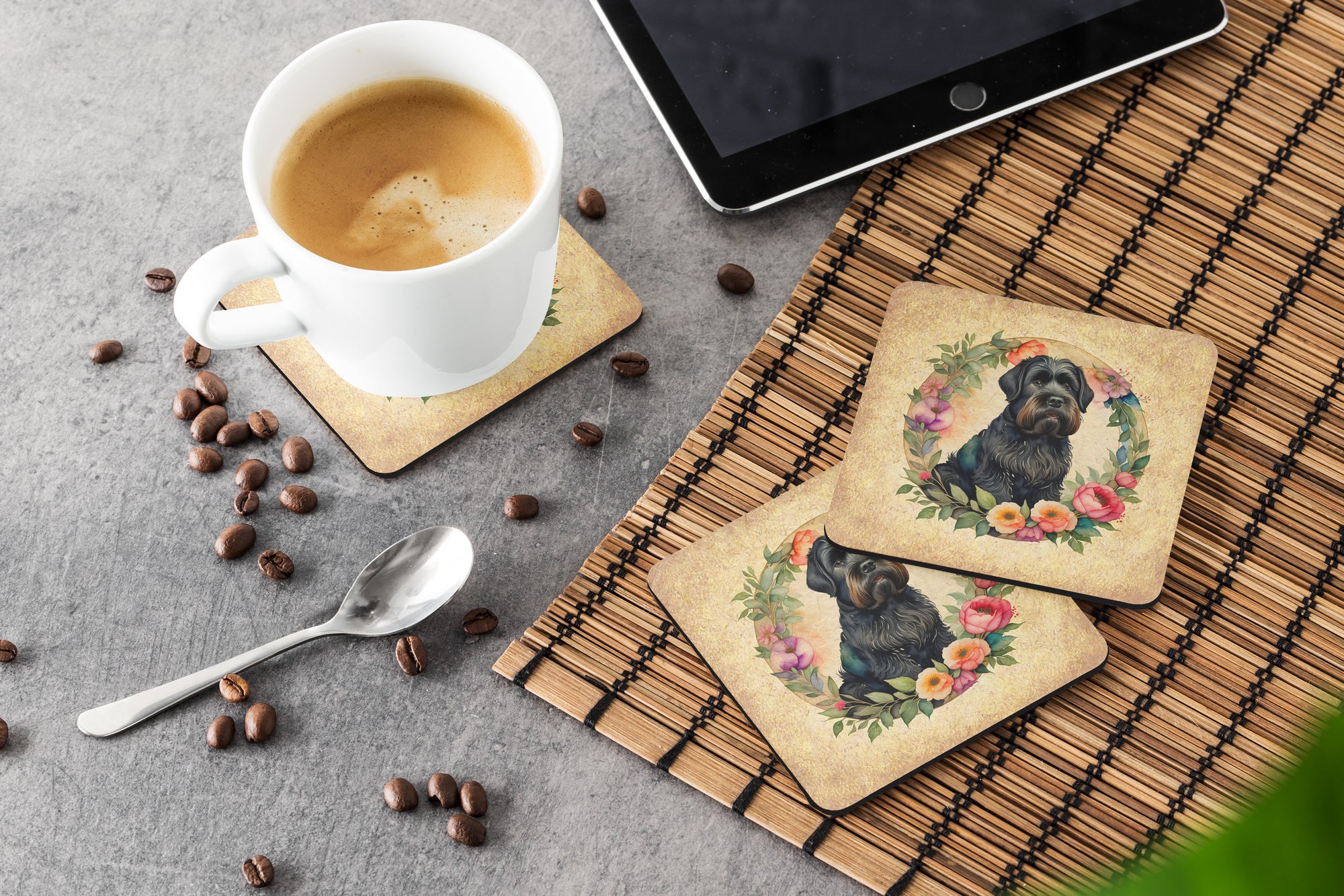 Black Russian Terrier and Flowers Foam Coasters  the-store.com.