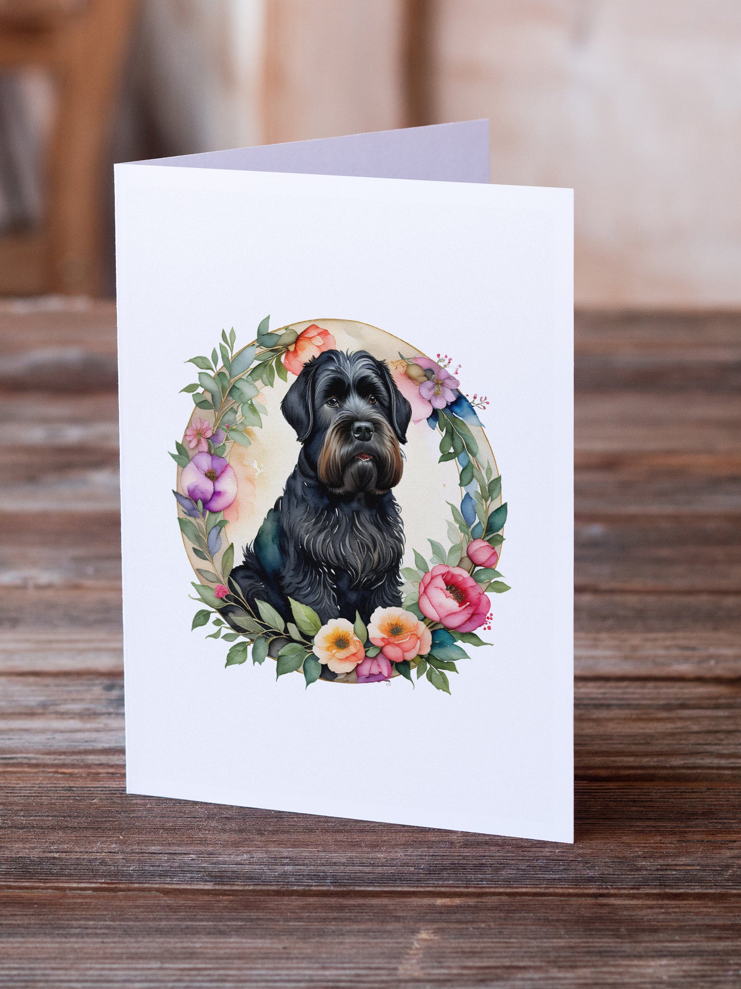 Black Russian Terrier and Flowers Greeting Cards and Envelopes Pack of 8