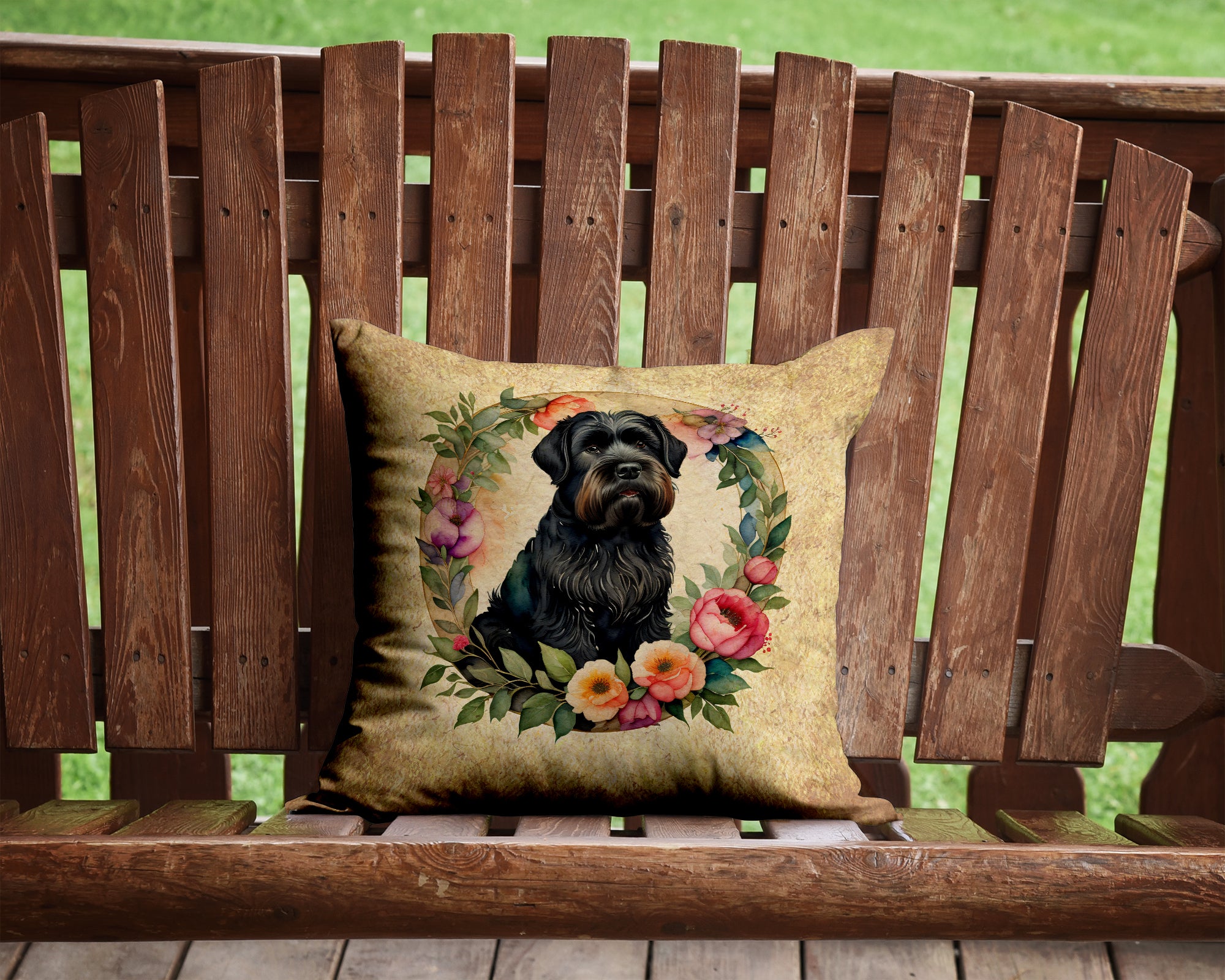 Black Russian Terrier and Flowers Fabric Decorative Pillow