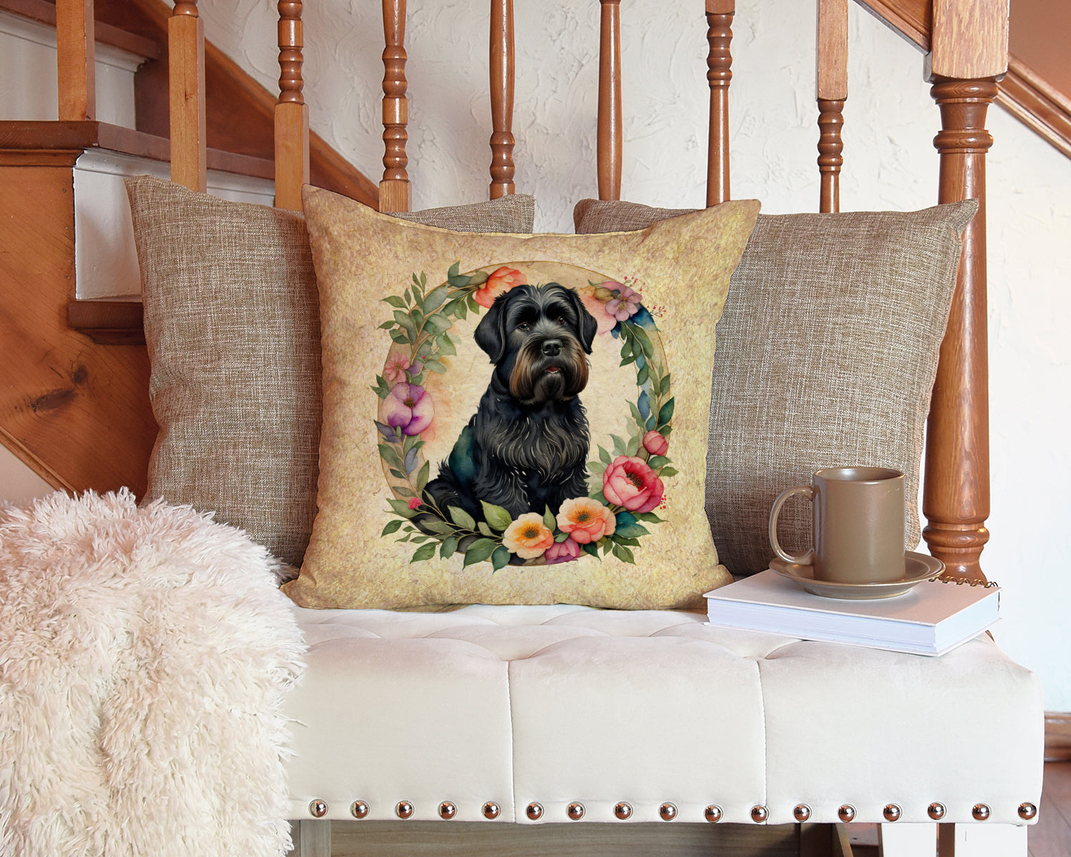 Black Russian Terrier and Flowers Fabric Decorative Pillow  the-store.com.