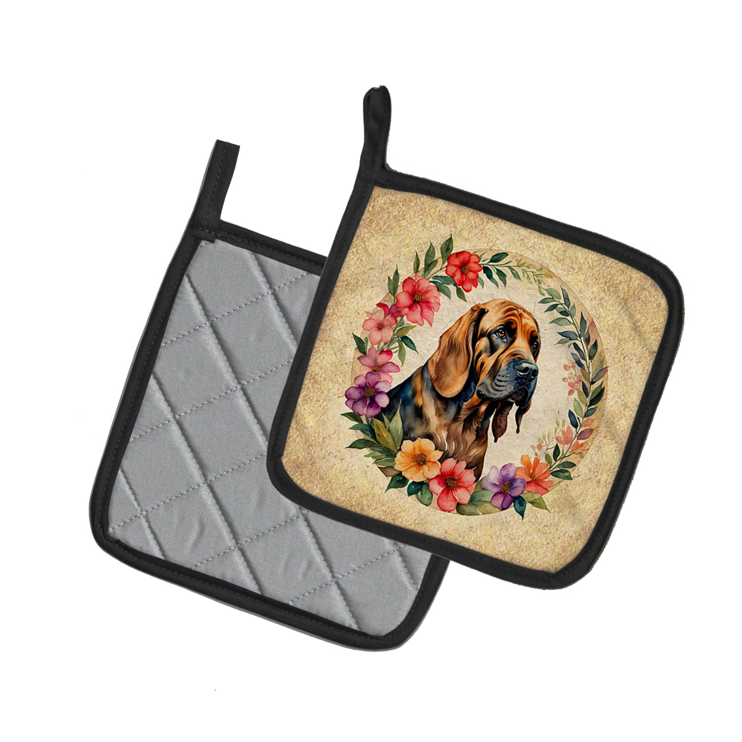 Bloodhound and Flowers Pair of Pot Holders