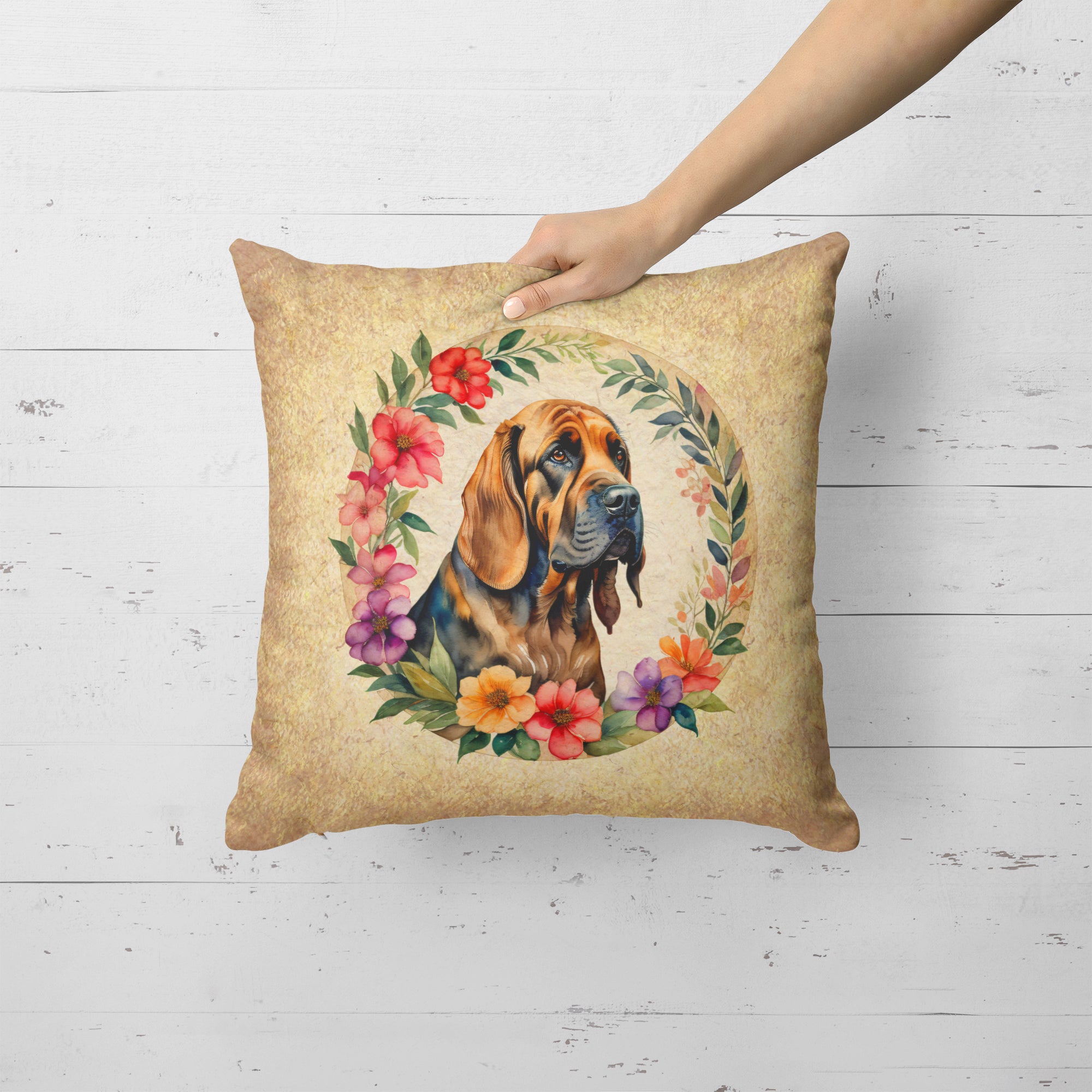 Bloodhound and Flowers Fabric Decorative Pillow  the-store.com.