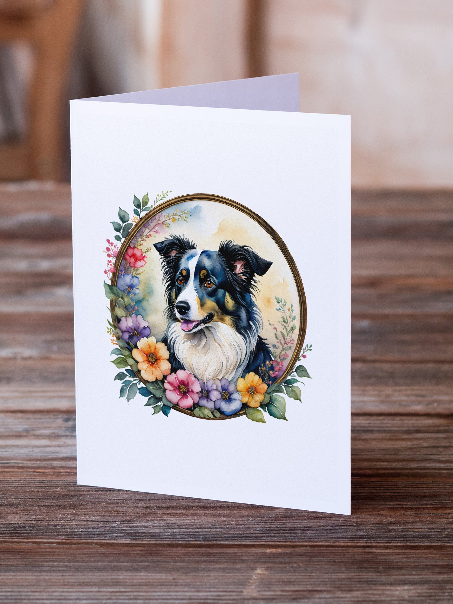 Border Collie and Flowers Greeting Cards and Envelopes Pack of 8  the-store.com.