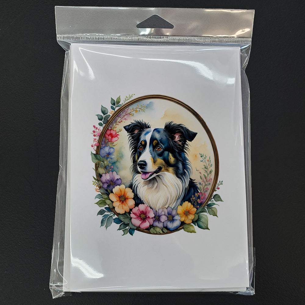 Border Collie and Flowers Greeting Cards and Envelopes Pack of 8