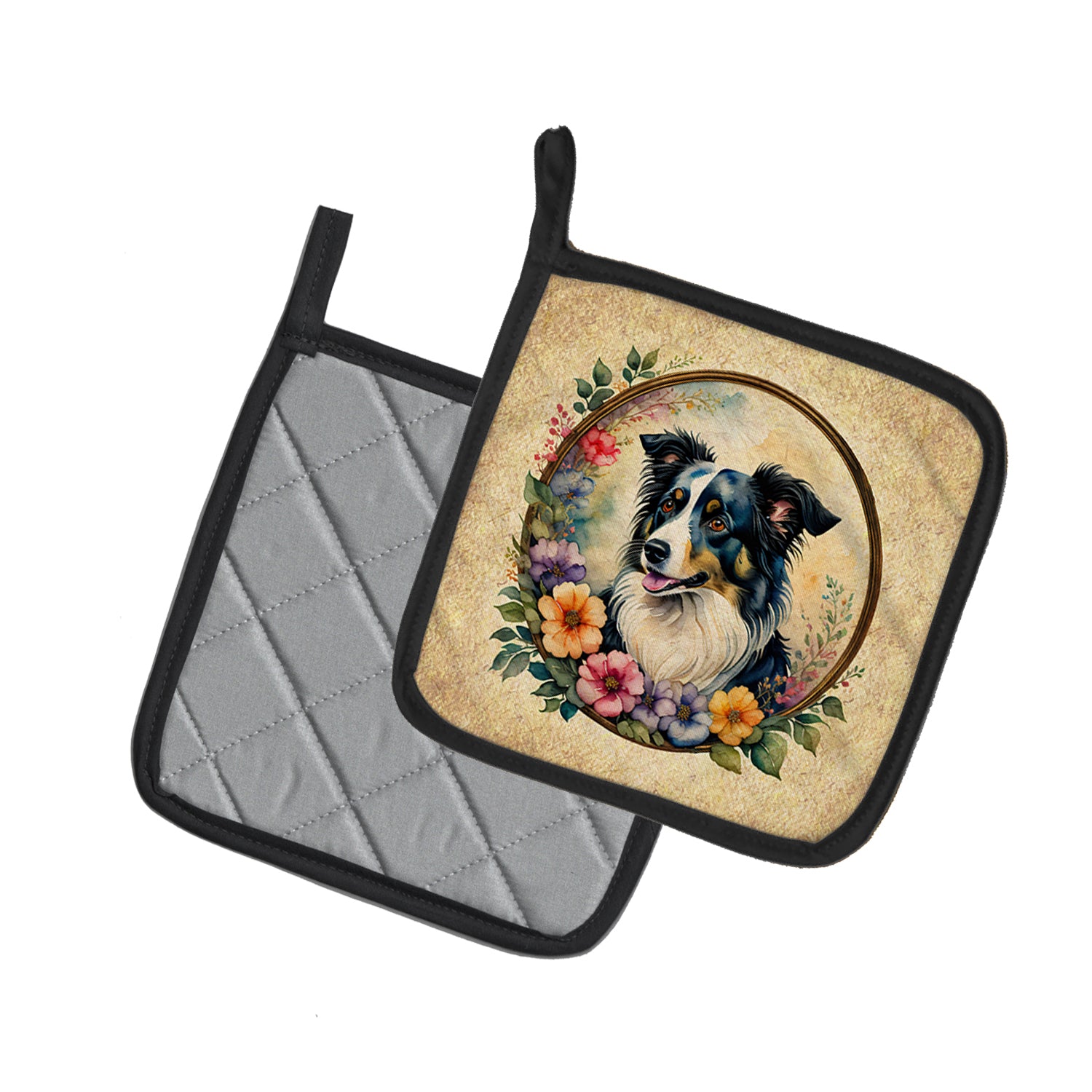 Border Collie and Flowers Pair of Pot Holders