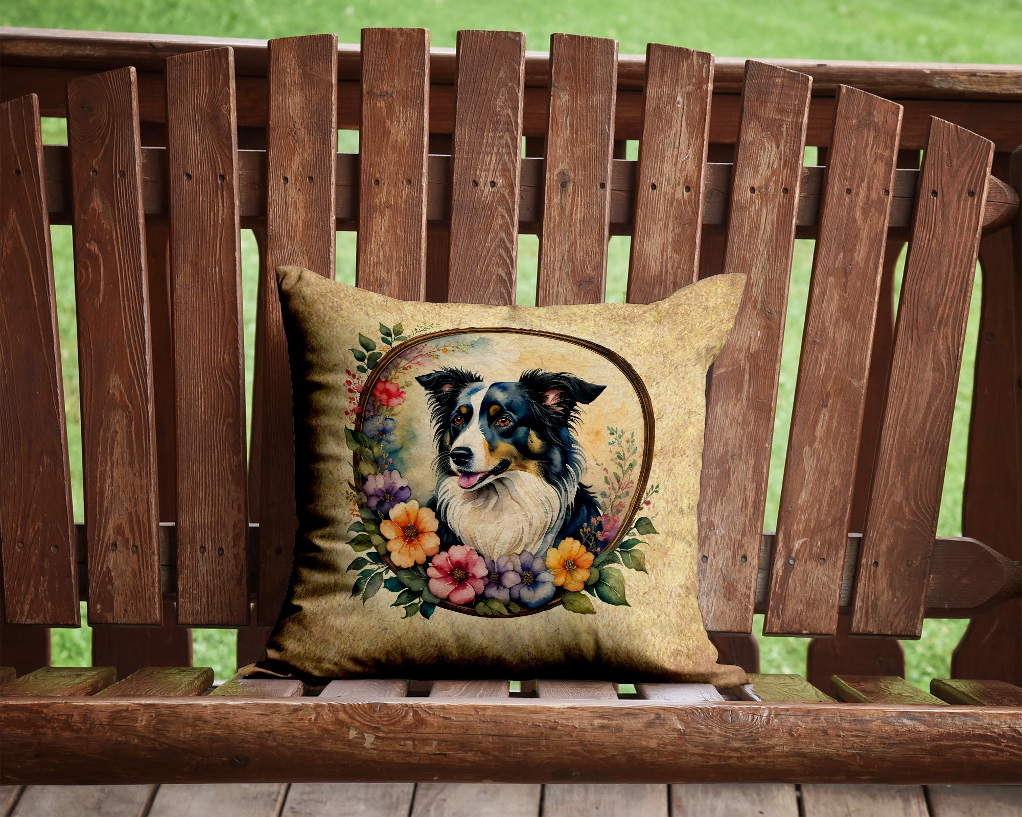 Border Collie and Flowers Fabric Decorative Pillow  the-store.com.