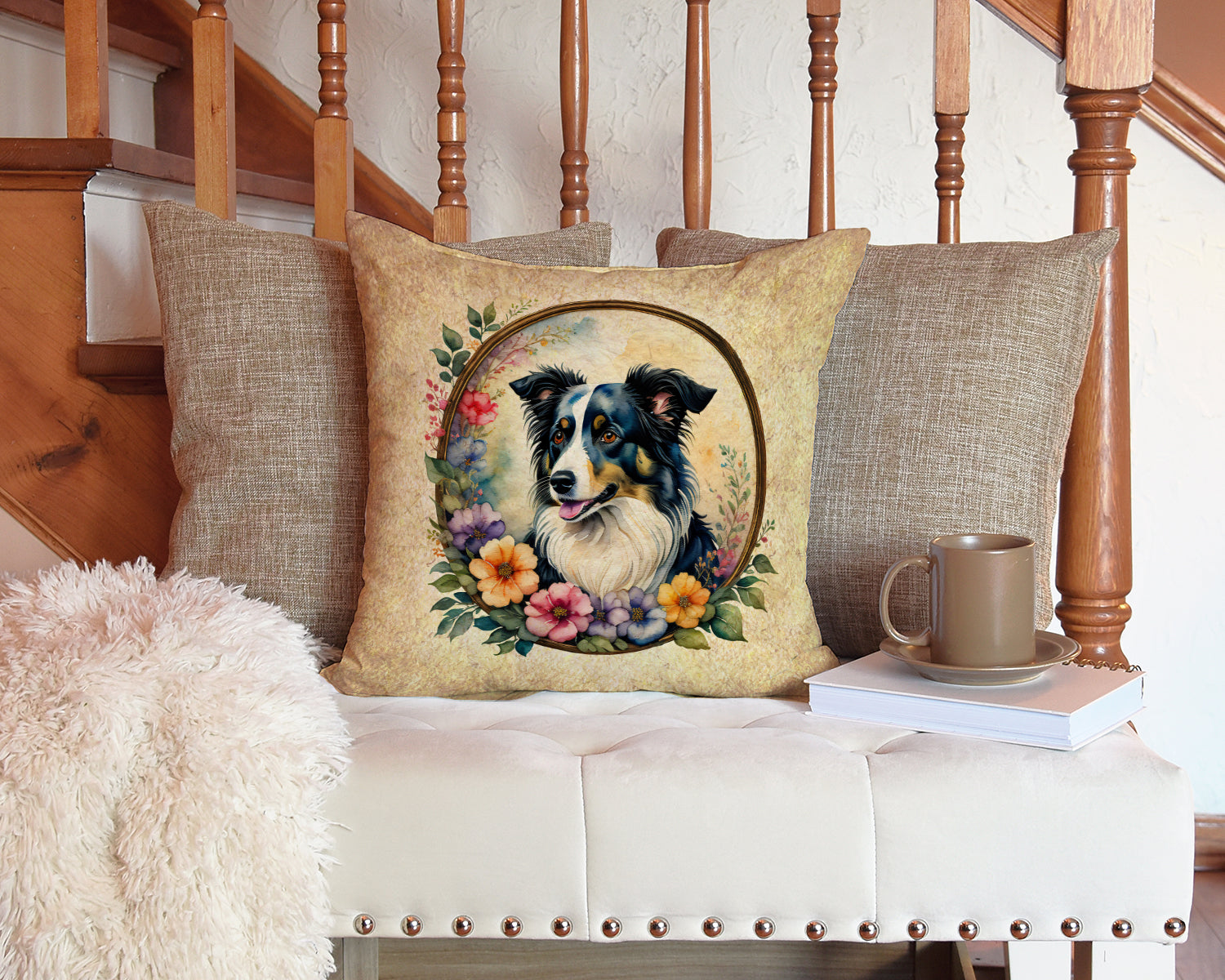 Border Collie and Flowers Fabric Decorative Pillow  the-store.com.