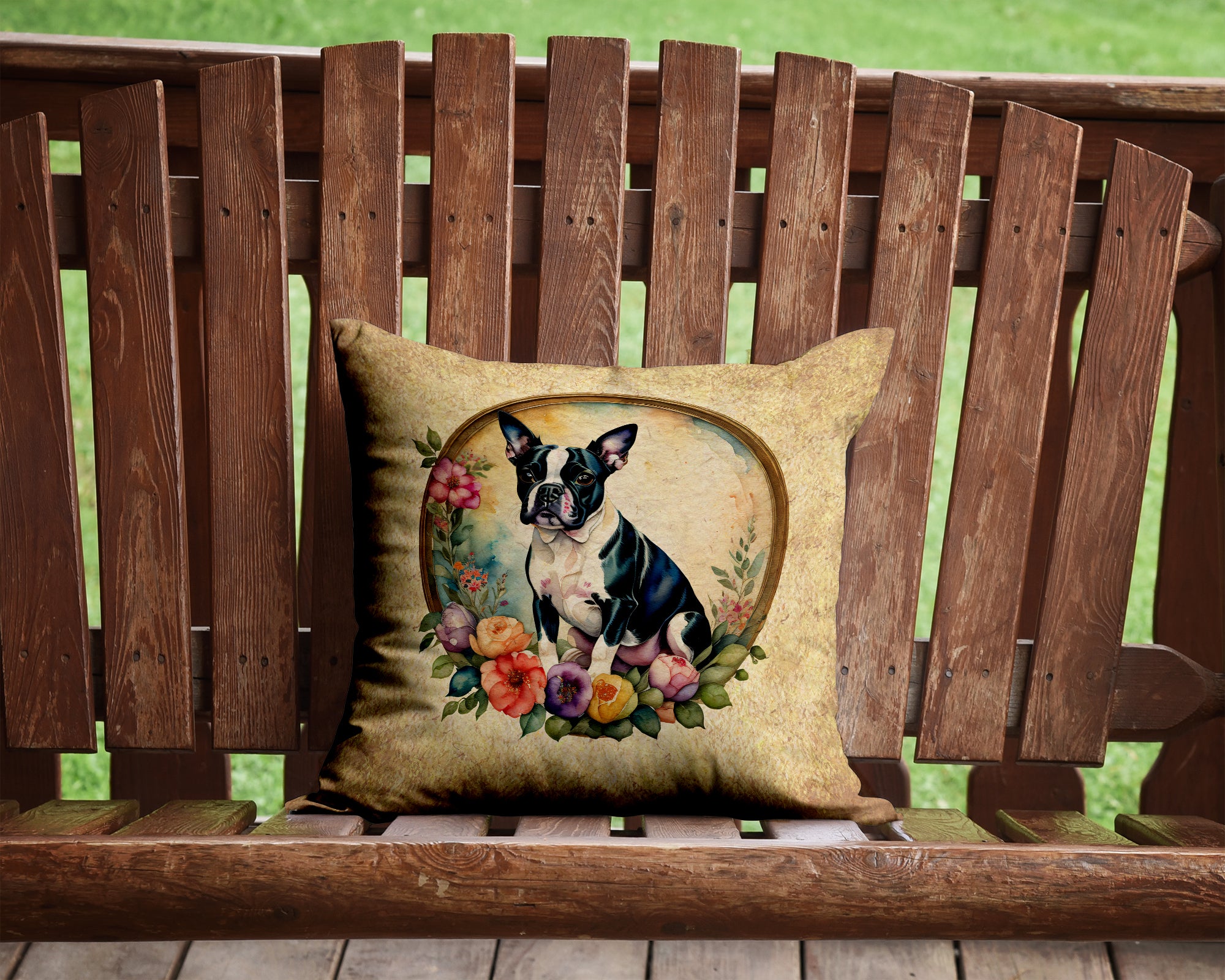 Boston Terrier and Flowers Fabric Decorative Pillow