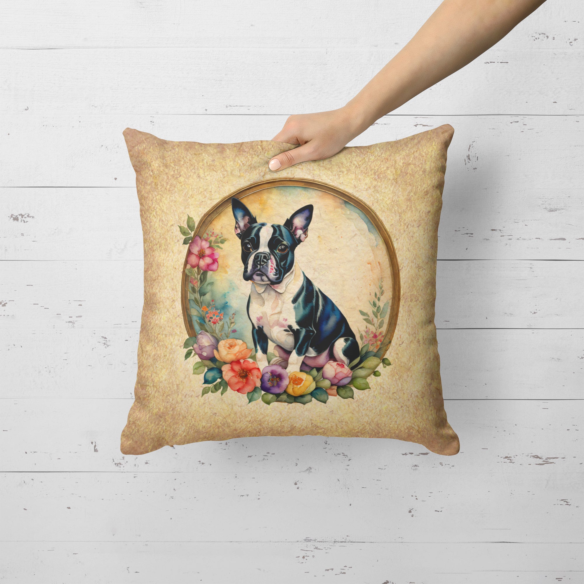 Boston Terrier and Flowers Fabric Decorative Pillow