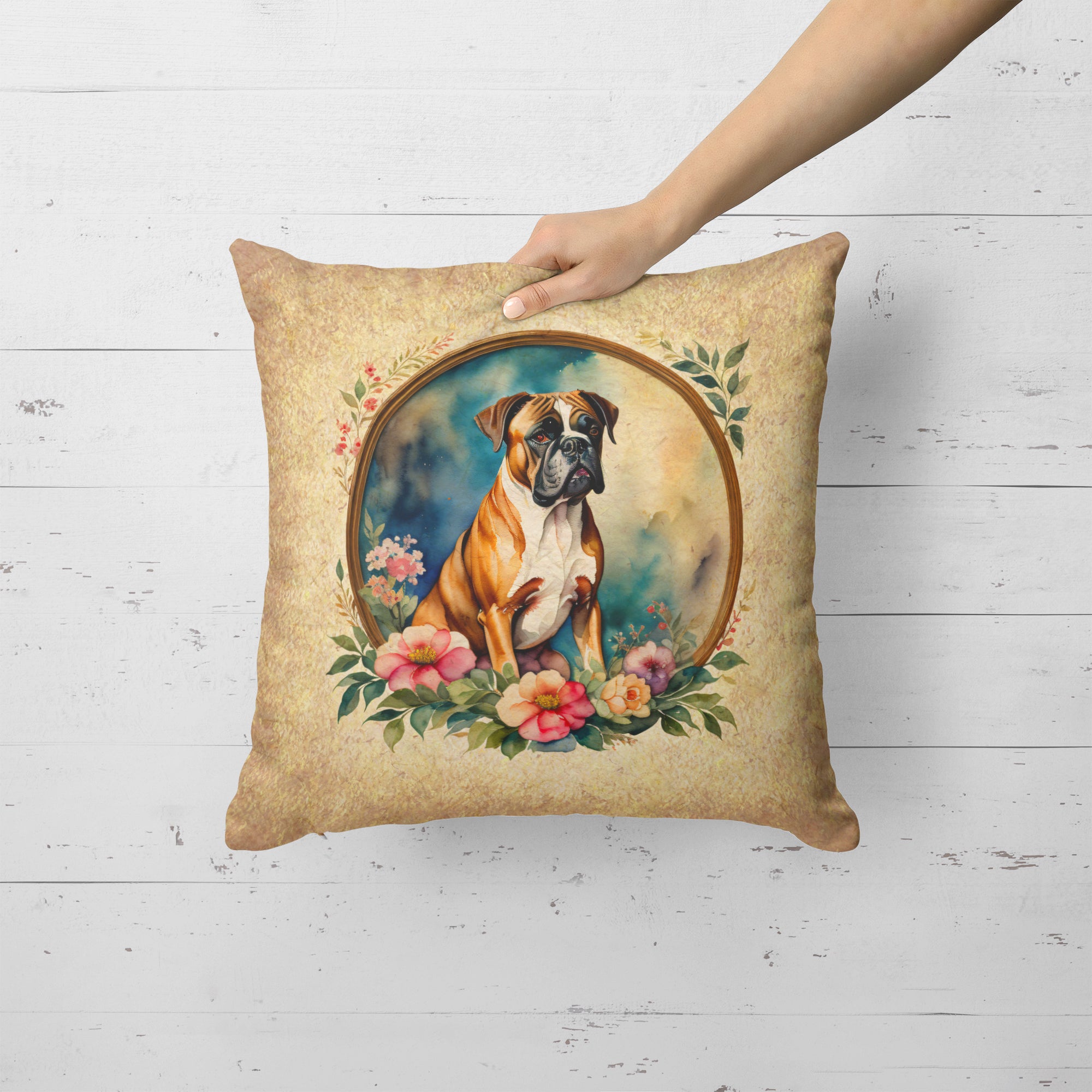 Boxer and Flowers Fabric Decorative Pillow