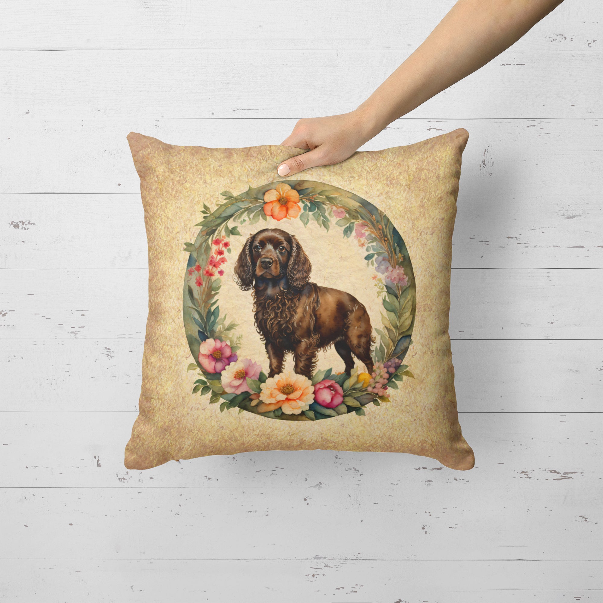 Boykin Spaniel and Flowers Fabric Decorative Pillow