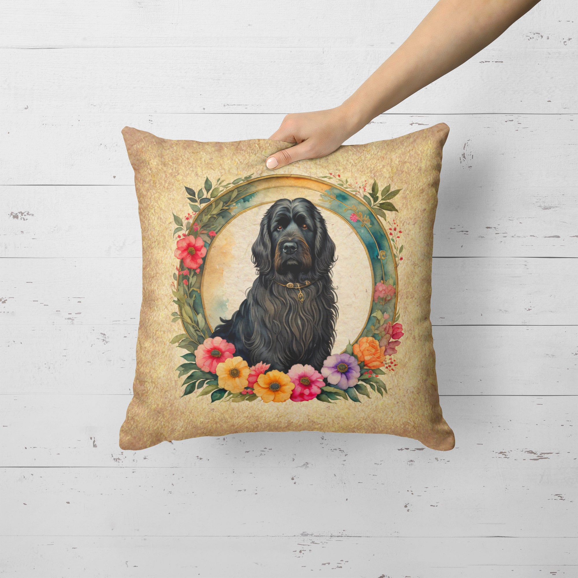 Buy this Briard and Flowers Fabric Decorative Pillow