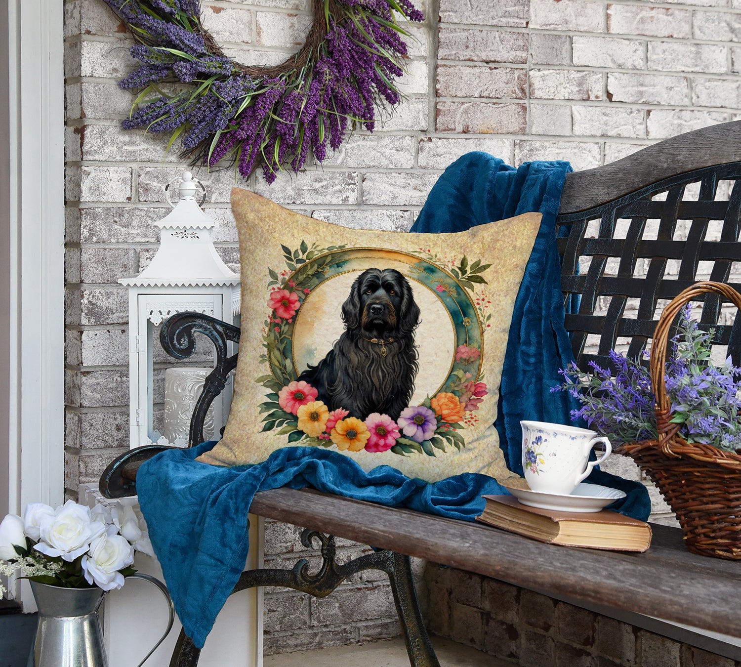 Briard and Flowers Fabric Decorative Pillow  the-store.com.