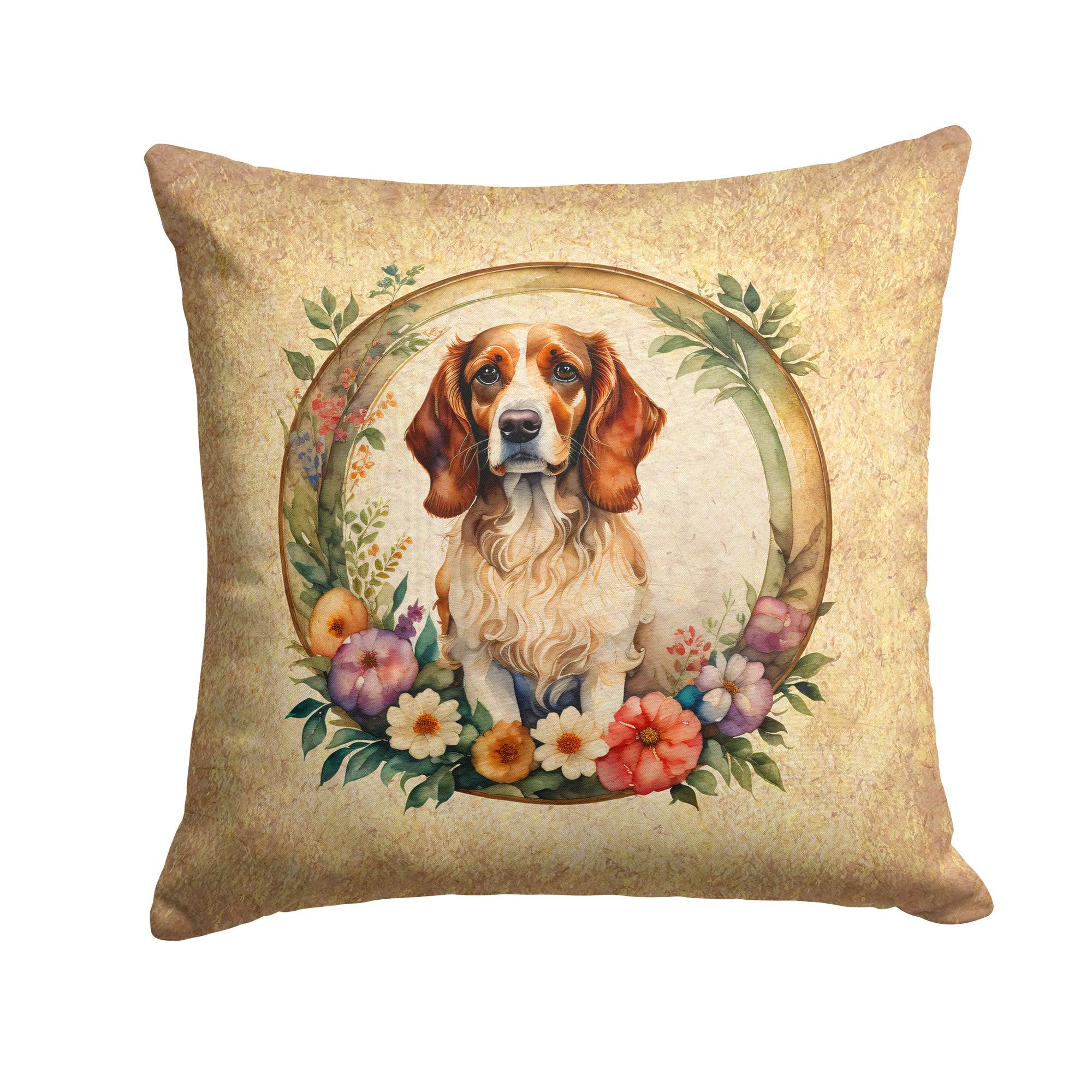 Buy this Brittany Spaniel and Flowers Fabric Decorative Pillow