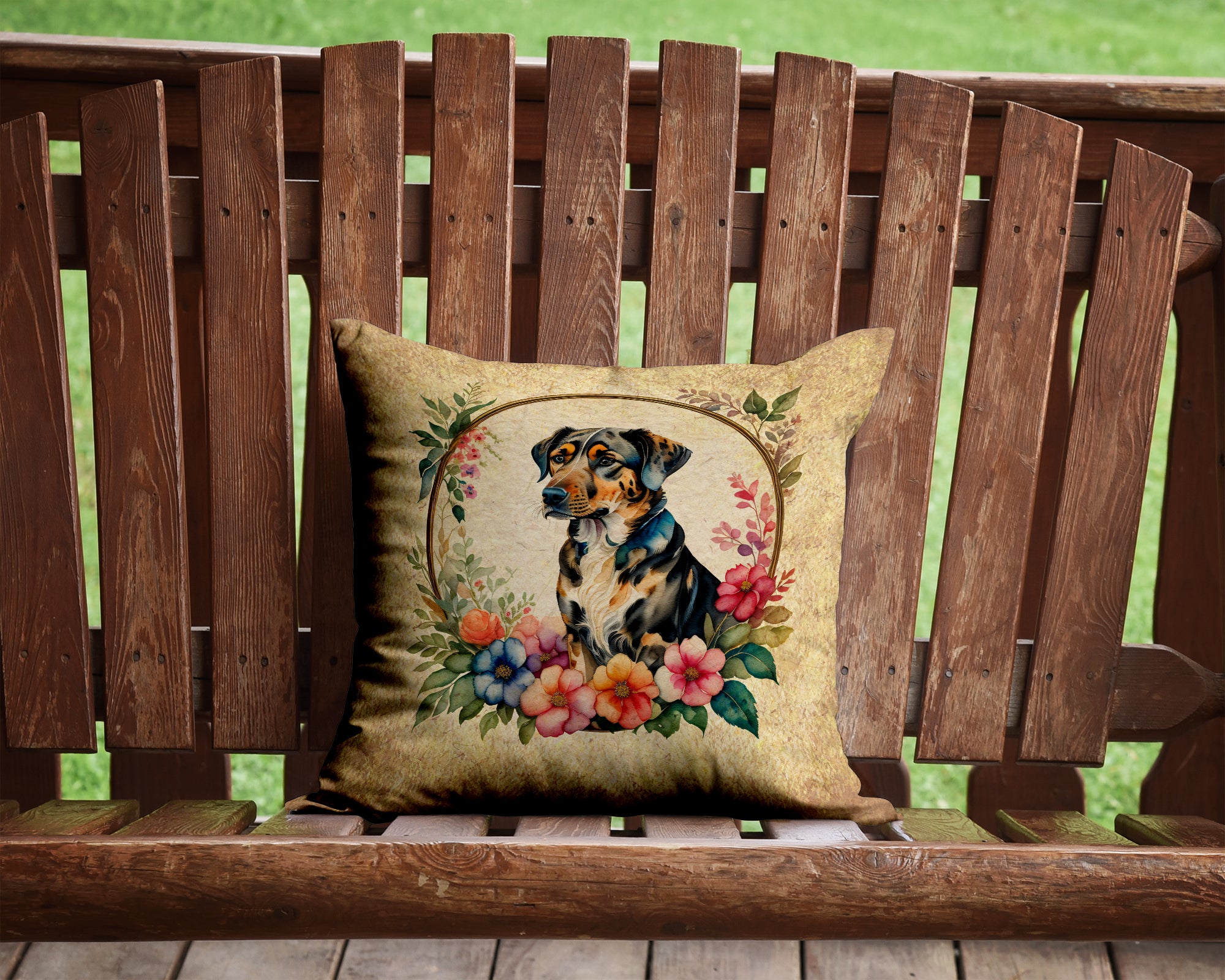 Catahoula Leopard Dog and Flowers Fabric Decorative Pillow