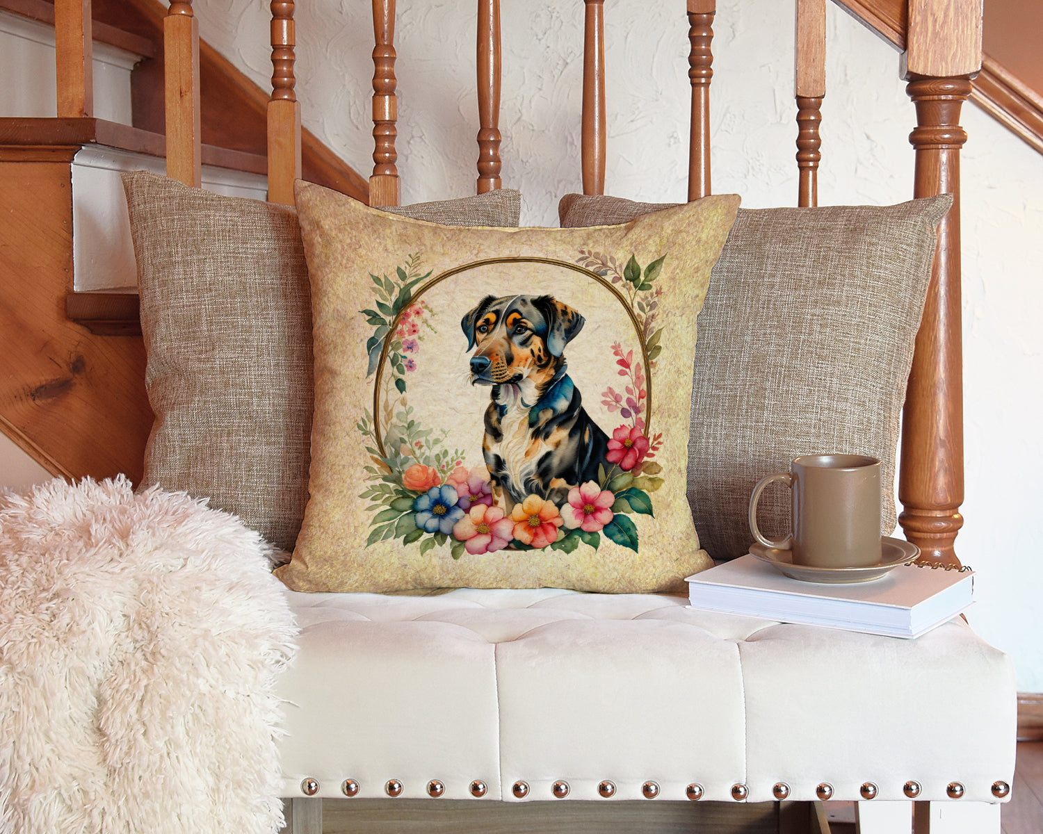 Catahoula Leopard Dog and Flowers Fabric Decorative Pillow  the-store.com.