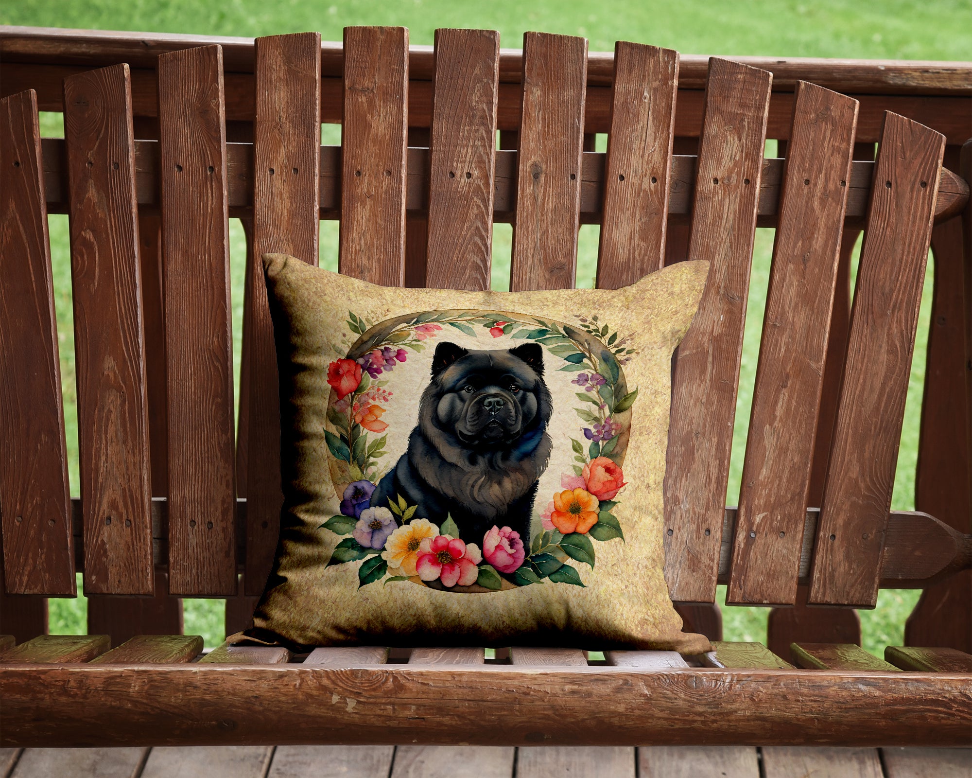 Buy this Black Chow Chow and Flowers Fabric Decorative Pillow