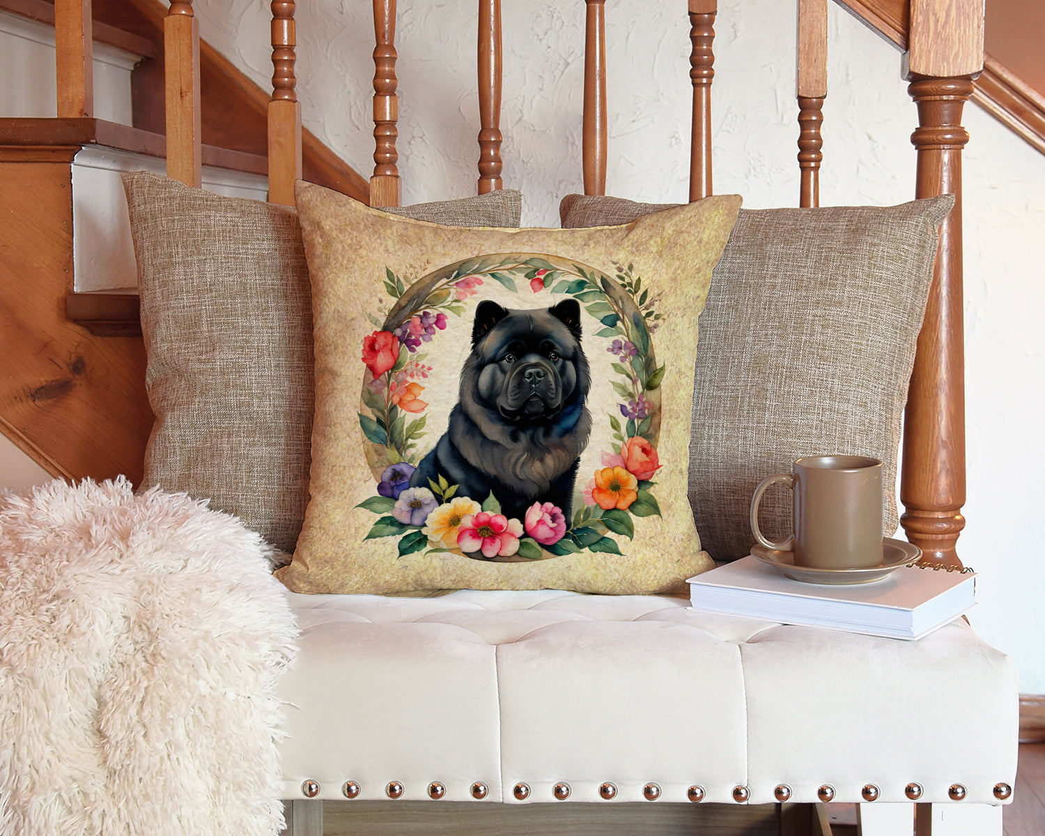 Black Chow Chow and Flowers Fabric Decorative Pillow