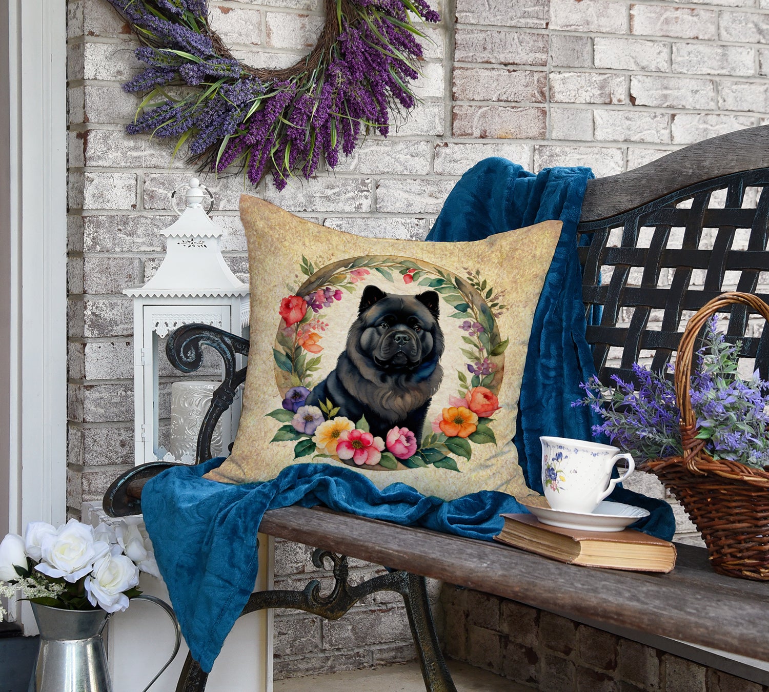 Black Chow Chow and Flowers Fabric Decorative Pillow  the-store.com.