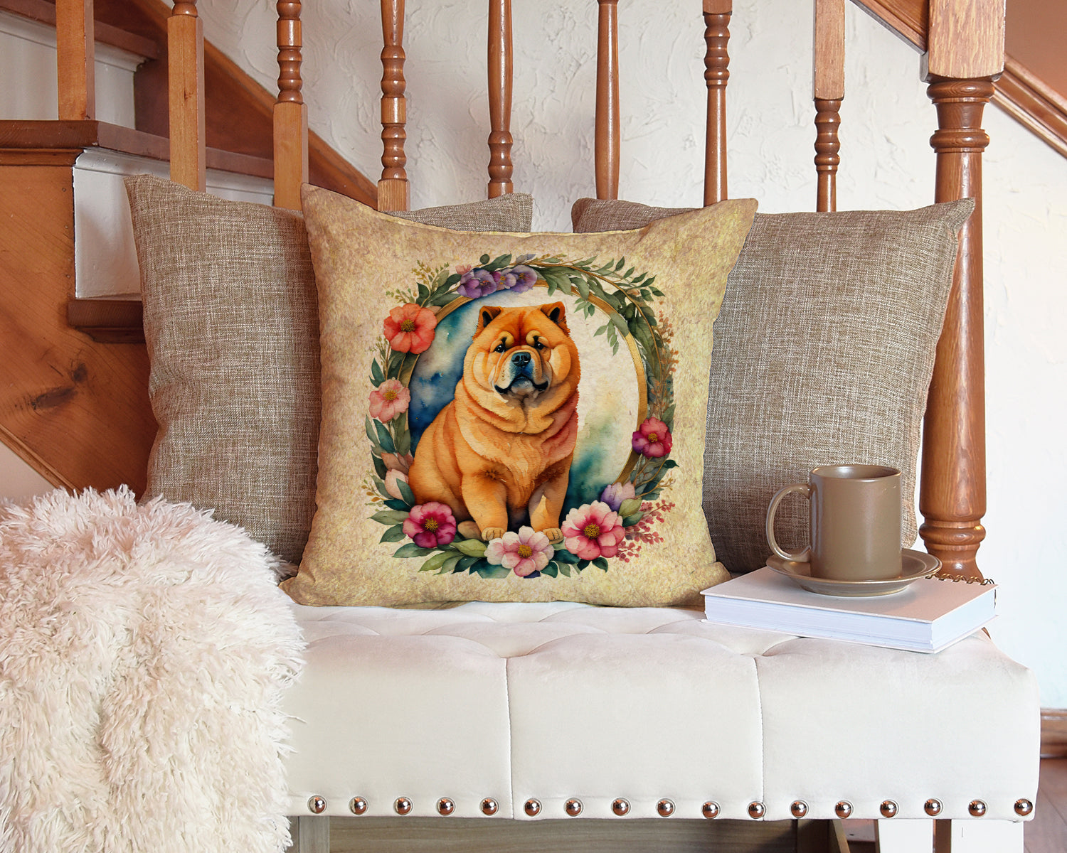 Chow Chow and Flowers Fabric Decorative Pillow  the-store.com.