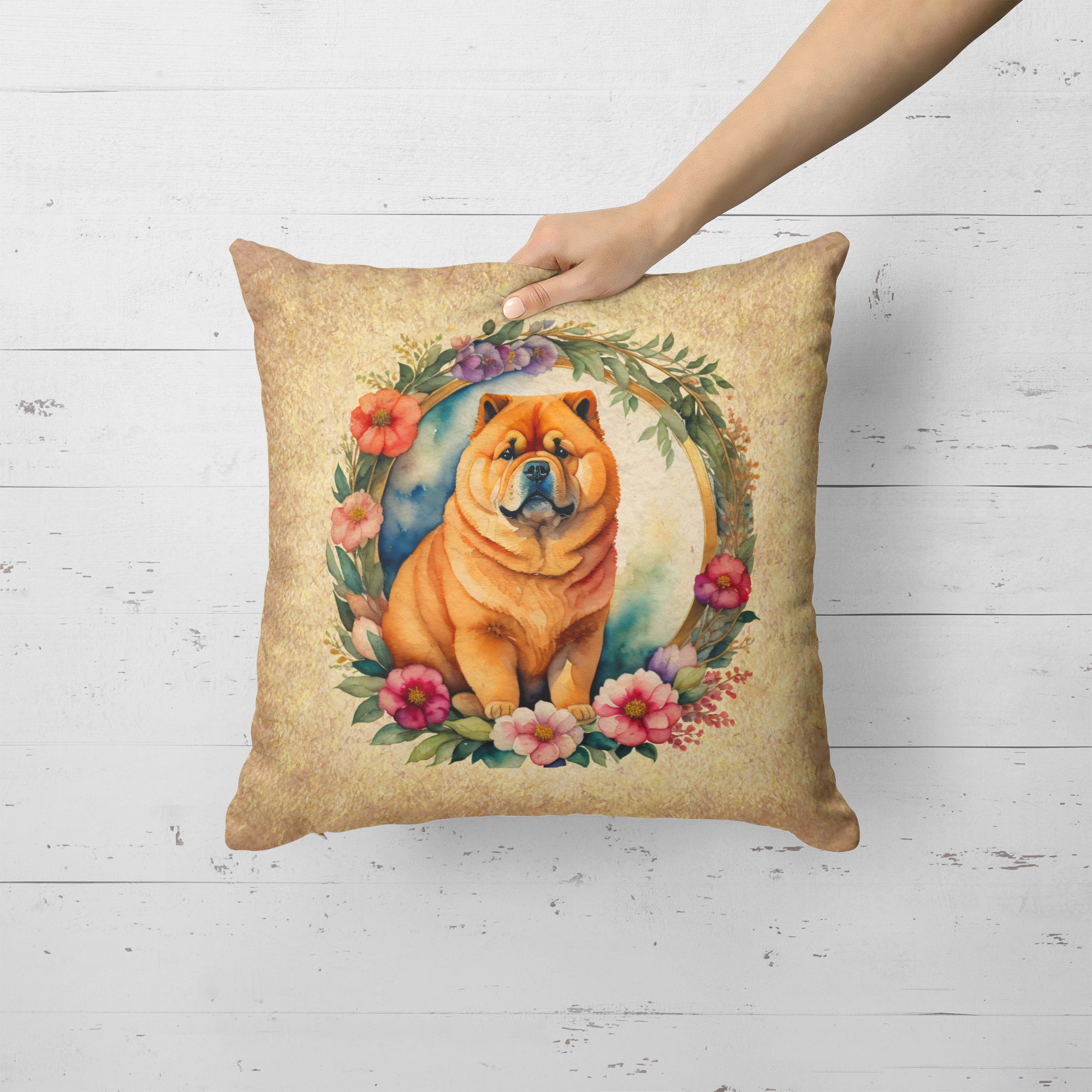 Chow Chow and Flowers Fabric Decorative Pillow