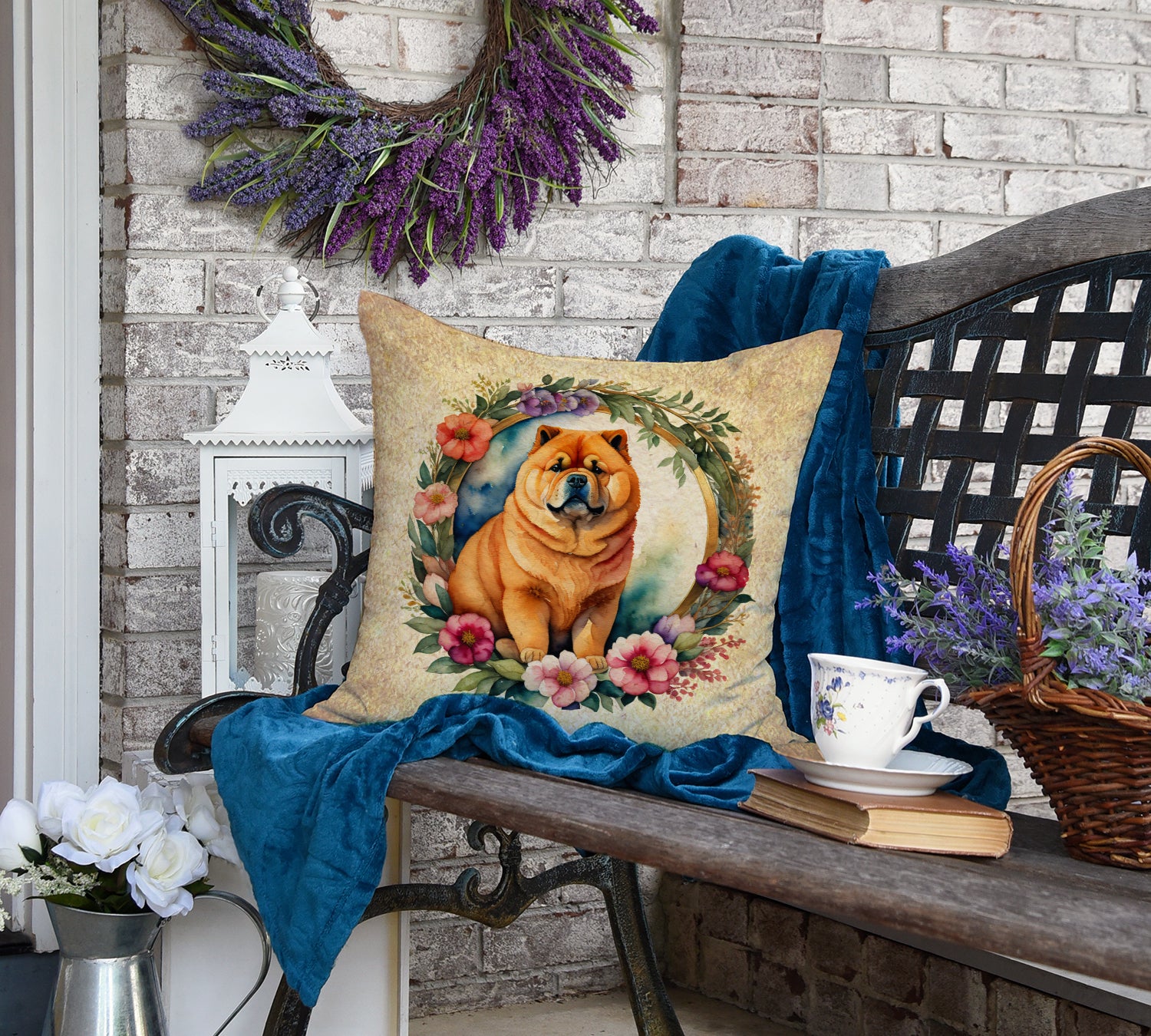 Chow Chow and Flowers Fabric Decorative Pillow