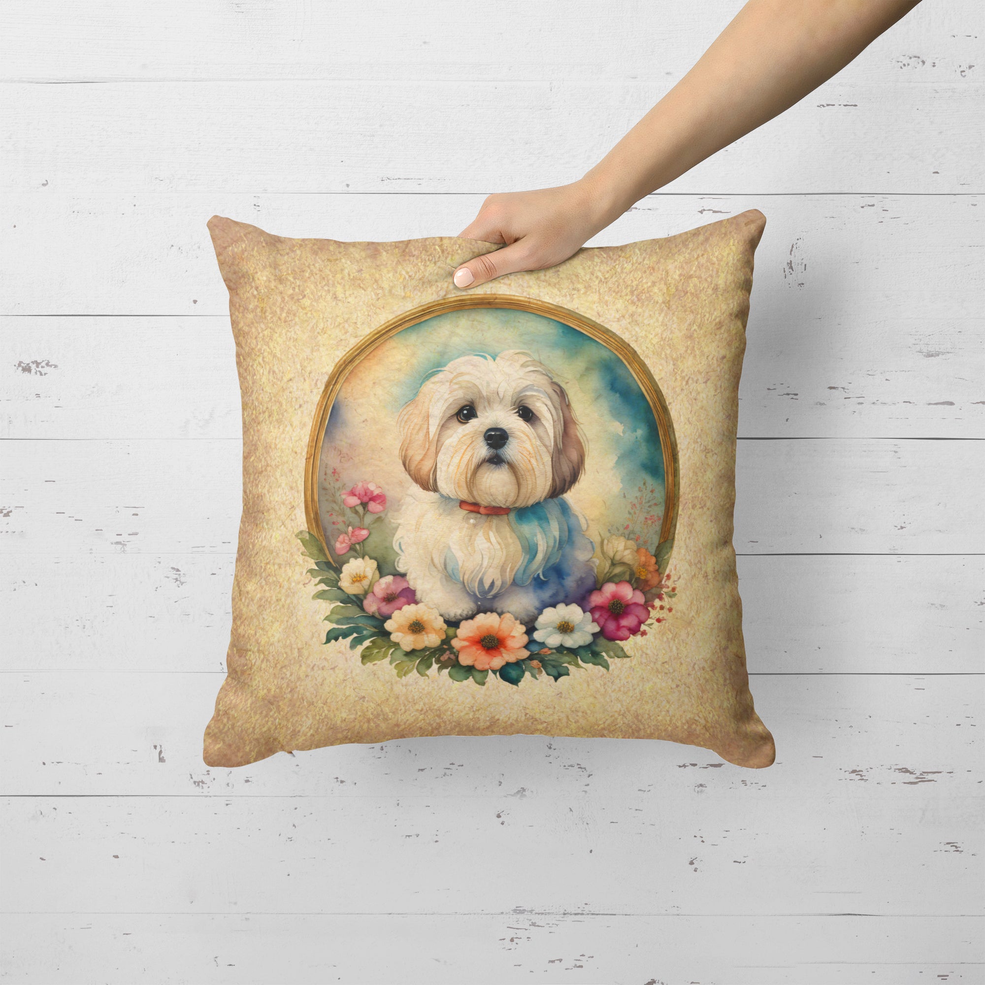 Coton De Tulear and Flowers Fabric Decorative Pillow