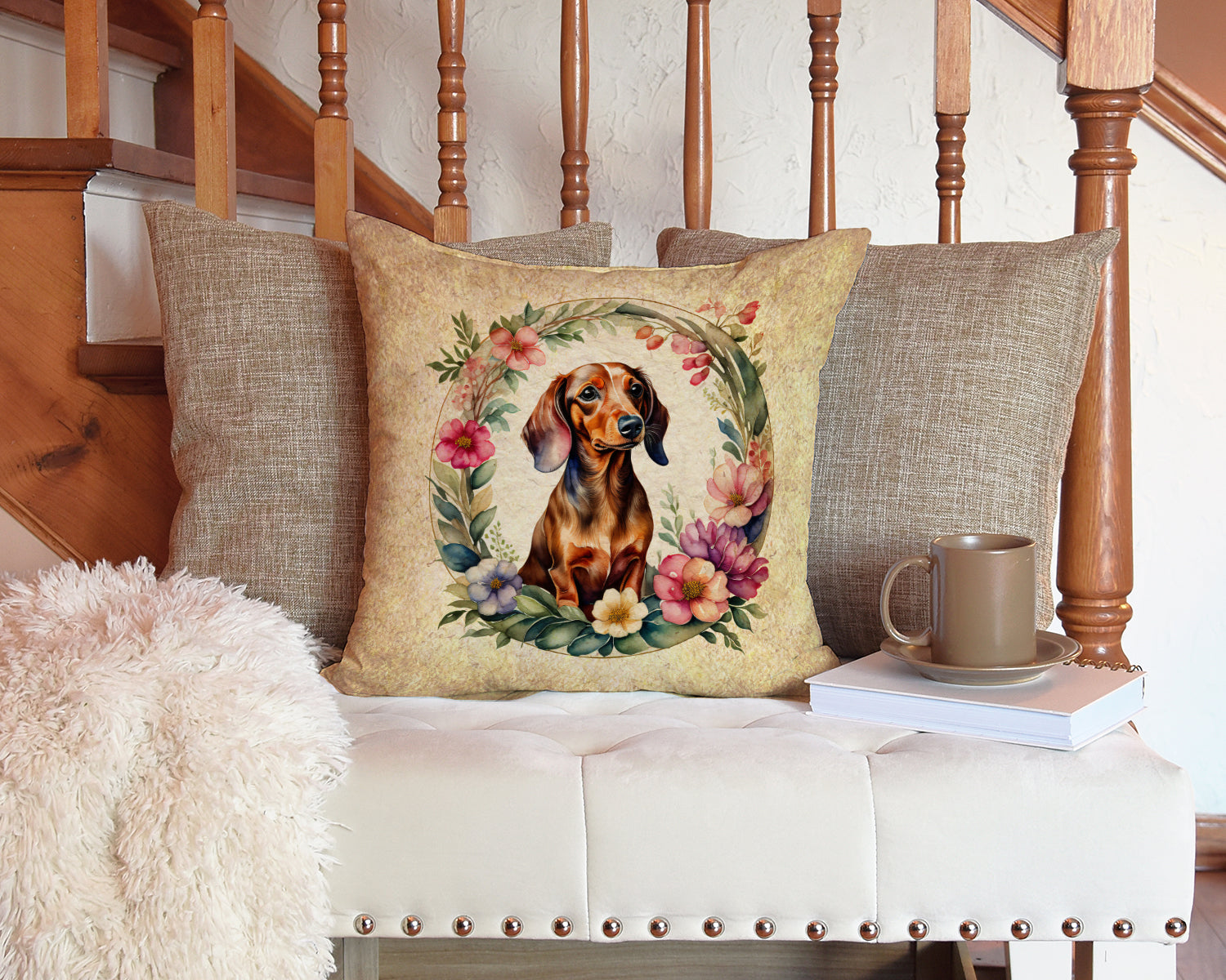 Dachshund and Flowers Fabric Decorative Pillow  the-store.com.