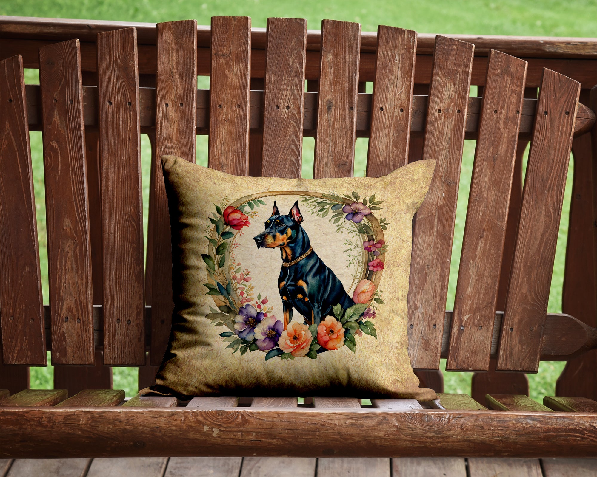 Doberman Pinscher and Flowers Fabric Decorative Pillow