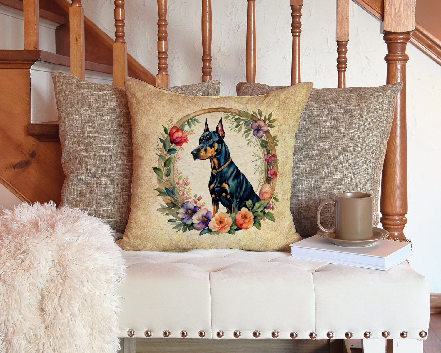 Doberman Pinscher and Flowers Fabric Decorative Pillow