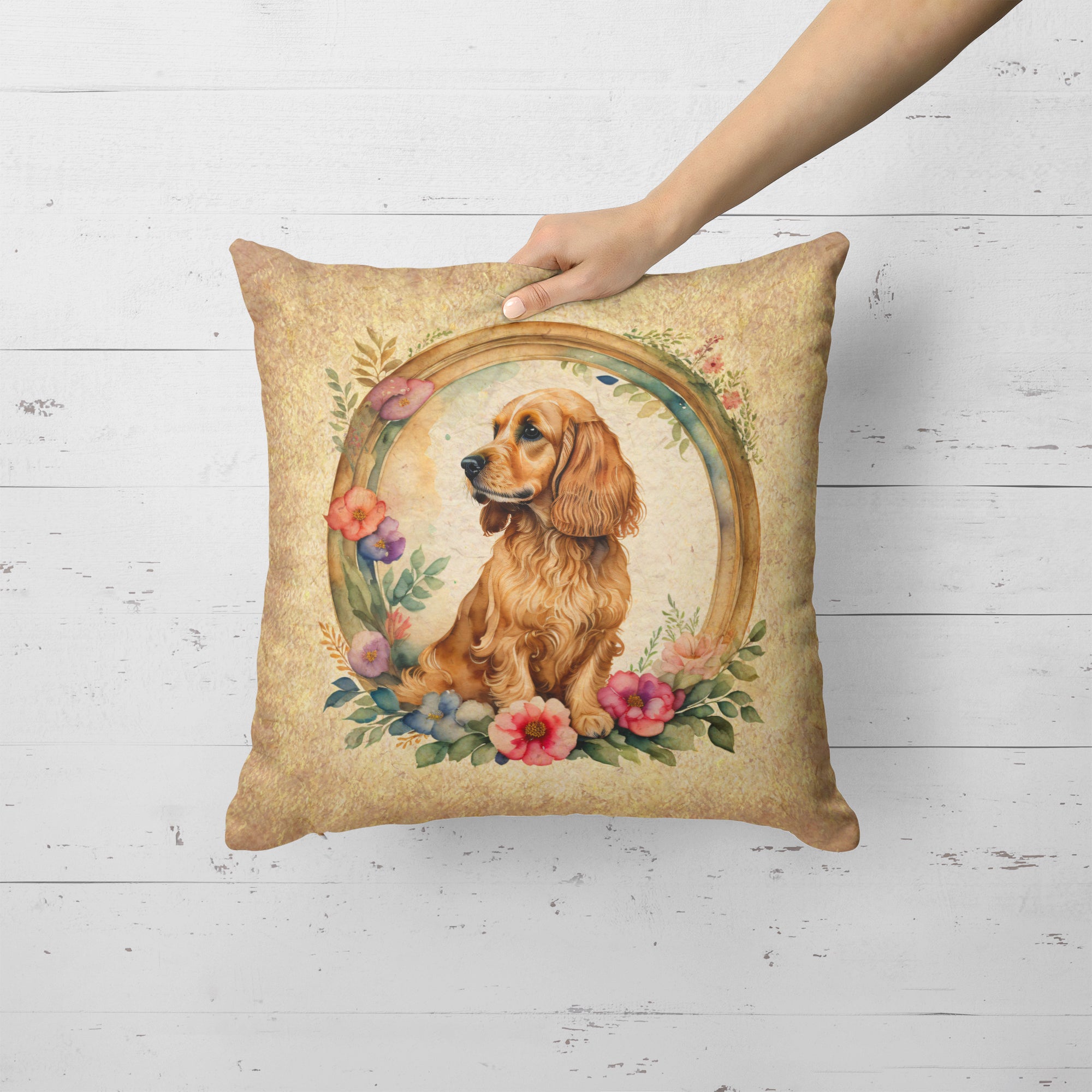 Buy this English Cocker Spaniel and Flowers Fabric Decorative Pillow