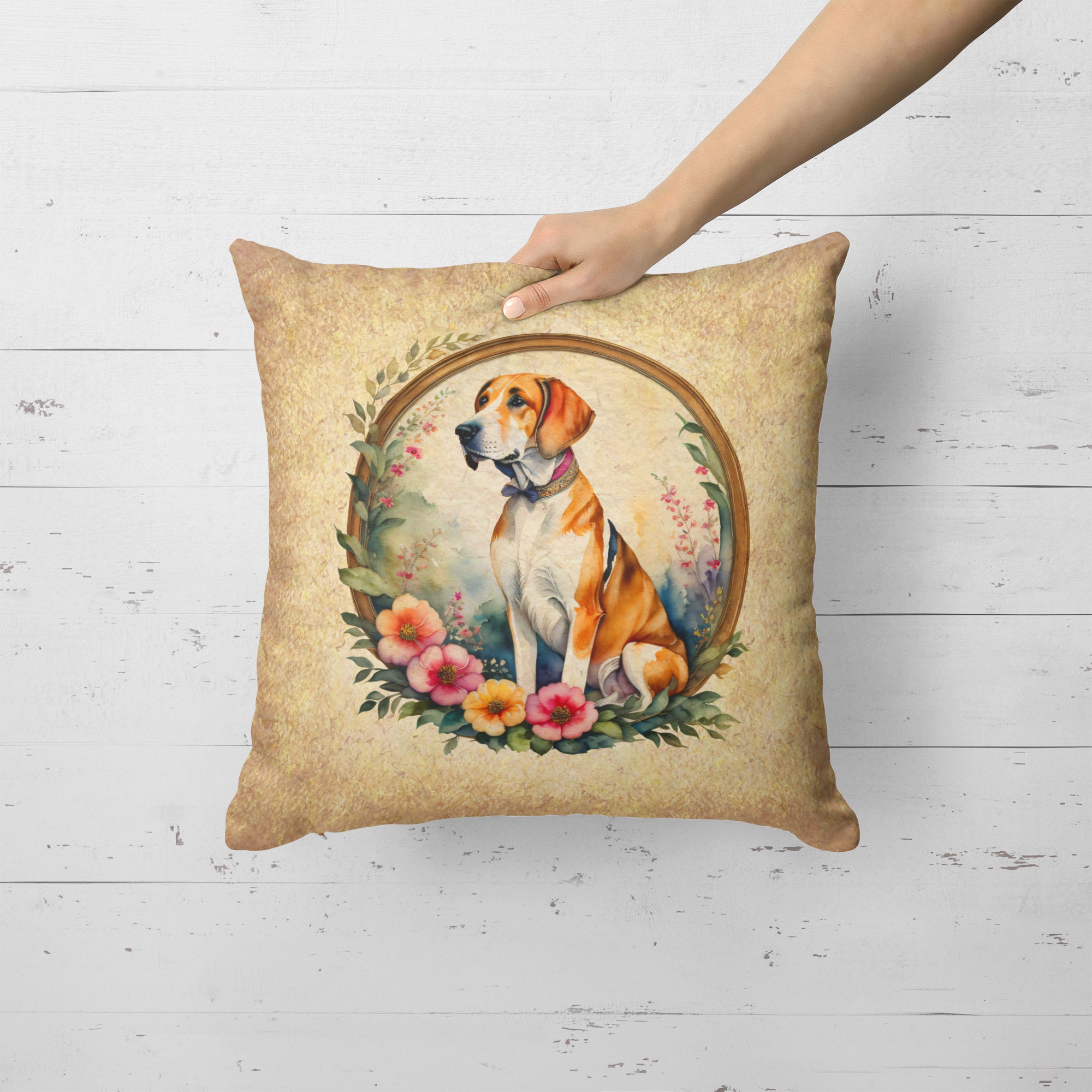 English Foxhound and Flowers Fabric Decorative Pillow  the-store.com.