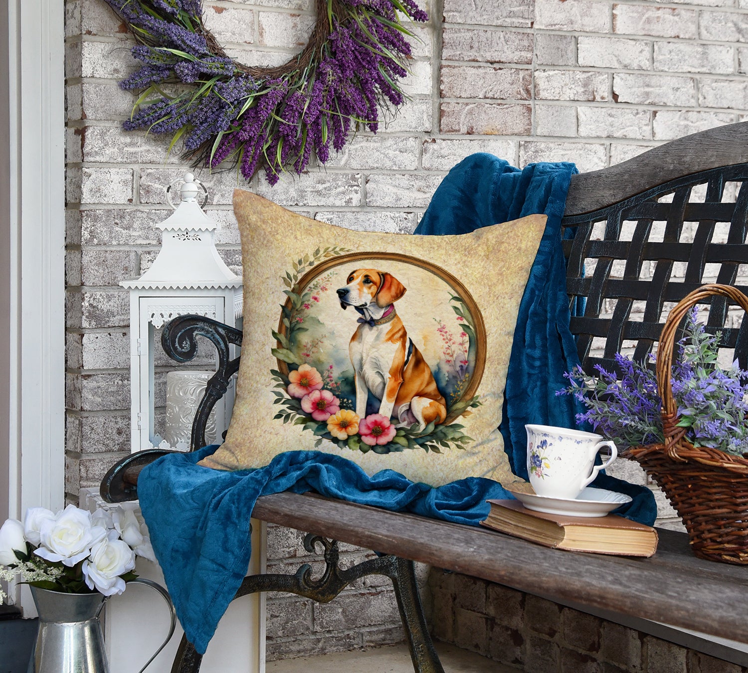 English Foxhound and Flowers Fabric Decorative Pillow  the-store.com.