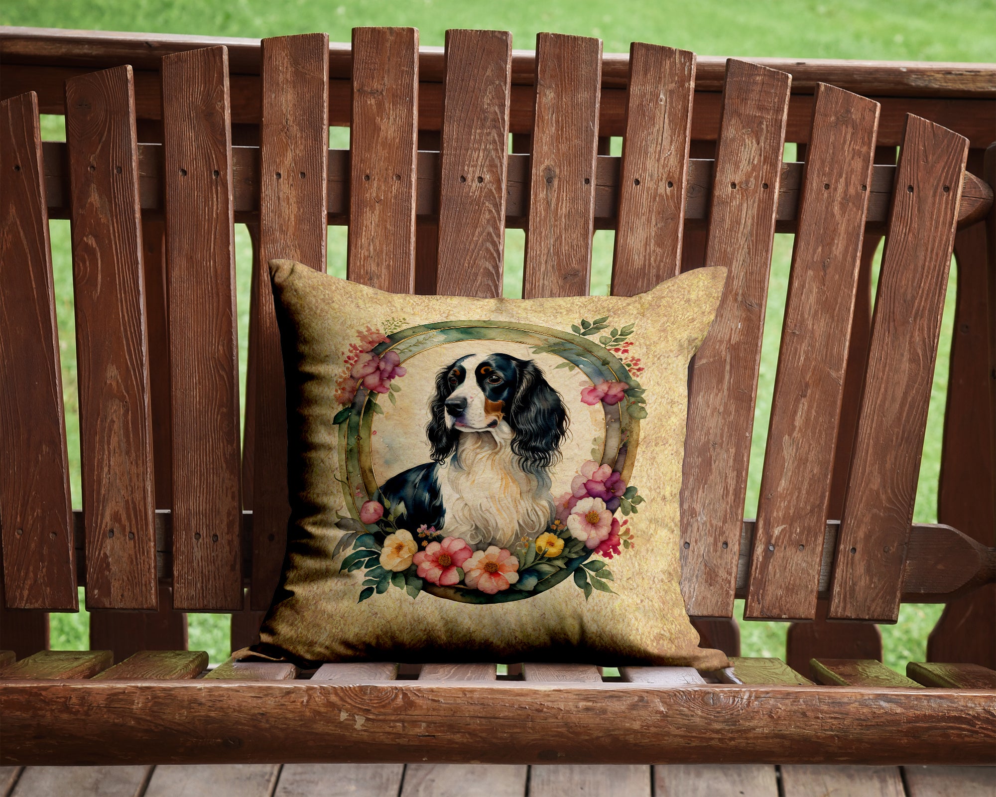 English Springer Spaniel and Flowers Fabric Decorative Pillow